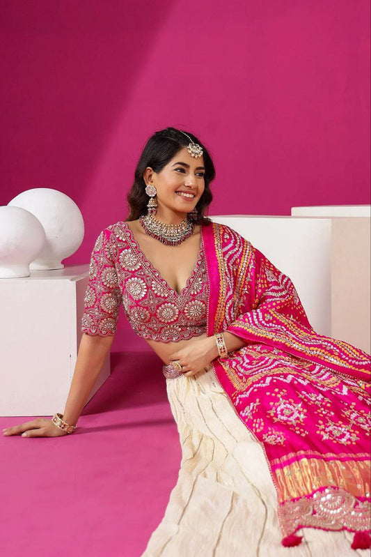 Cream Color Apple Organza Lehenga with Embroidery Work