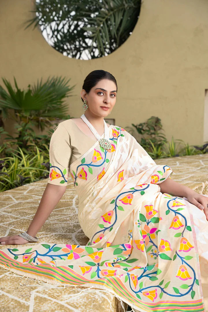Off-White Cotton Jamdani Kolkata Weaving Saree