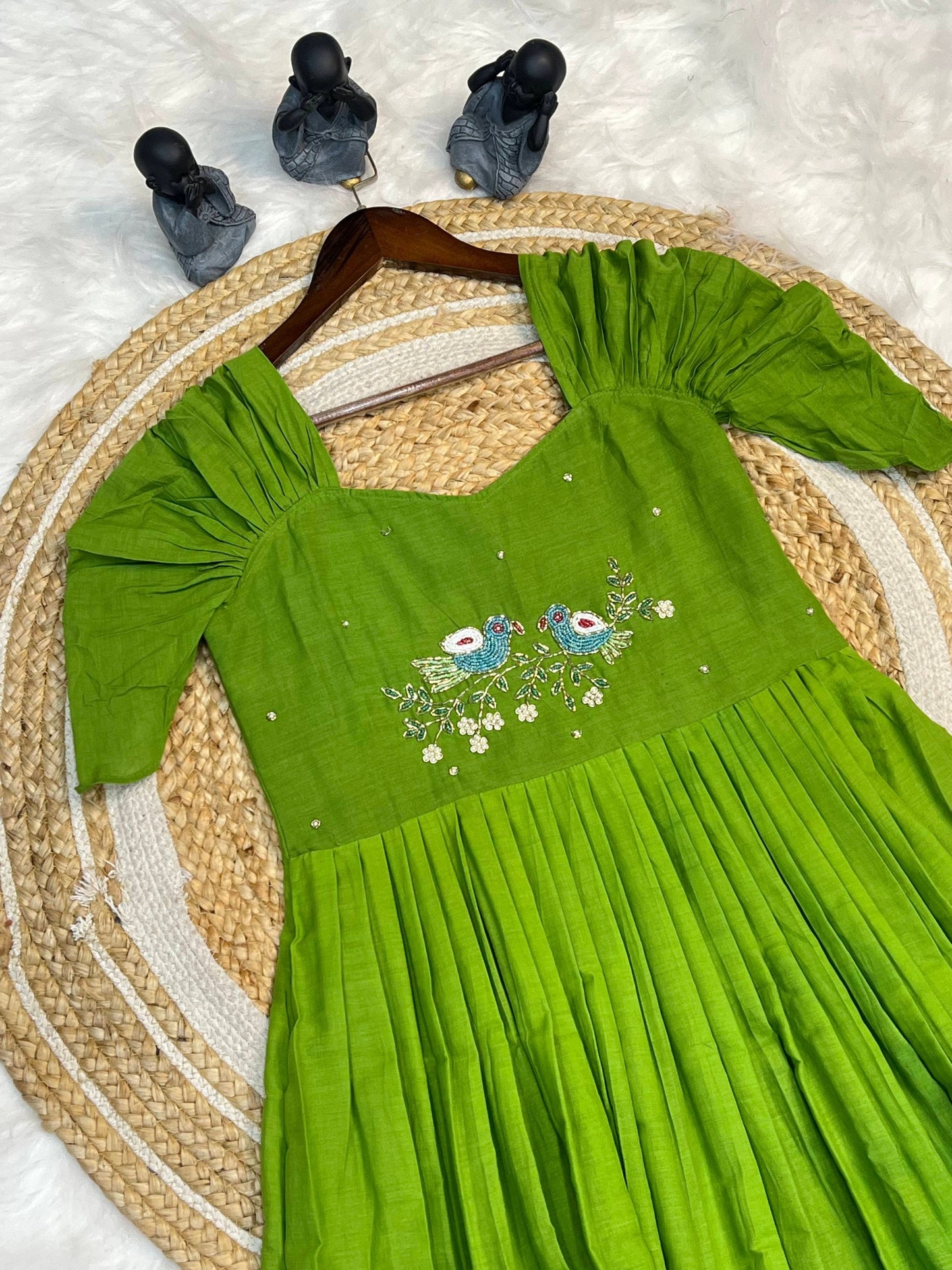 New Green Color Pure Mul Cotton Hand Maggam work Kurti
