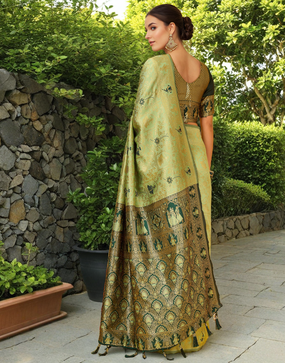 Amazing Olive Green Color Silk Weaving Work Paithani Party Wear Saree