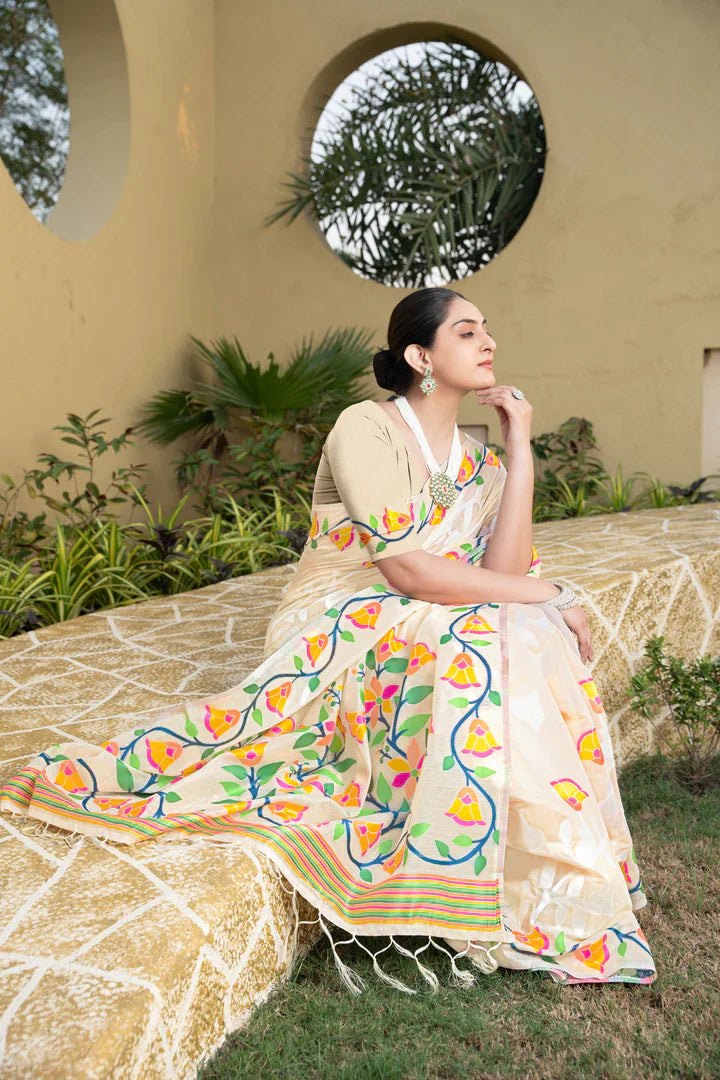Off-White Cotton Jamdani Kolkata Weaving Saree
