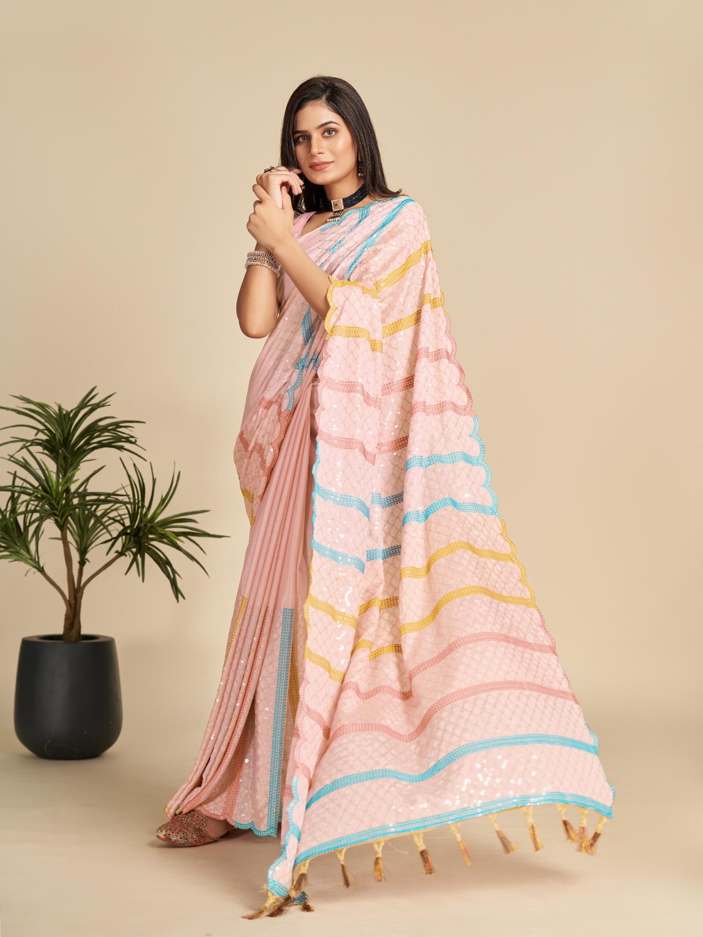 Beautiful Glamorous Light Pink Color Chinnon Saree