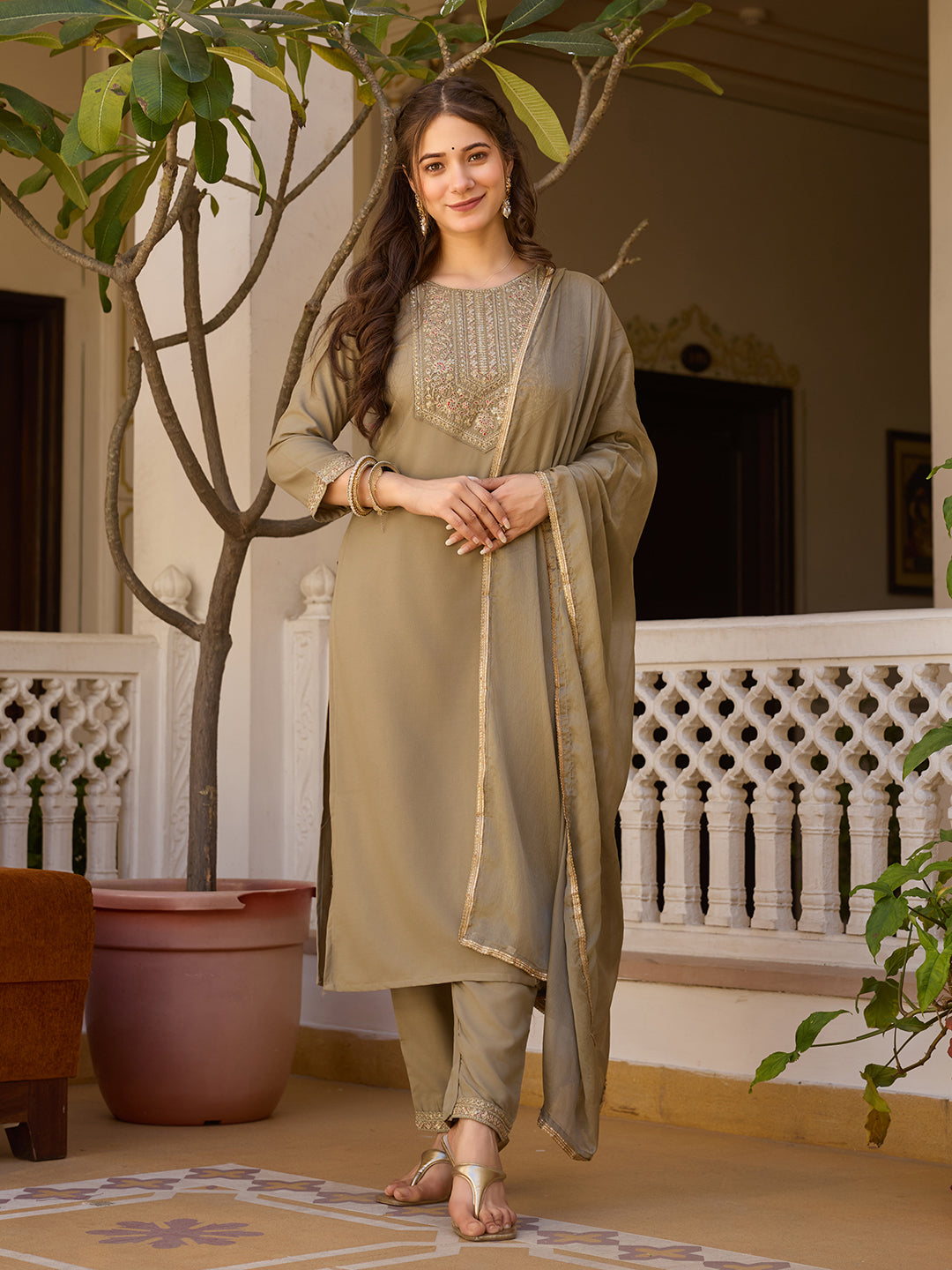 Beige Color Rayon Designer Kurti Pant Set