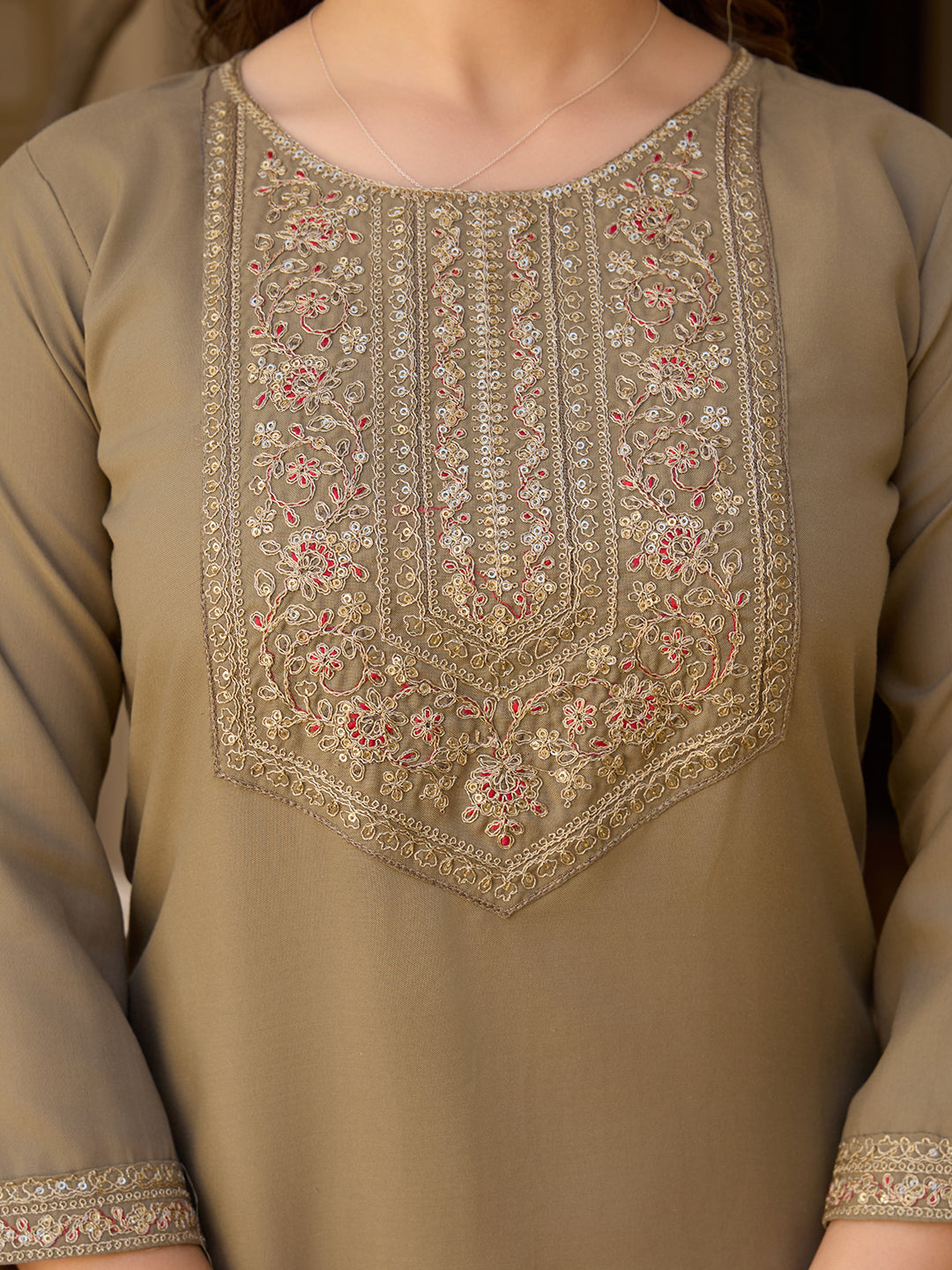 Beige Color Rayon Designer Kurti Pant Set