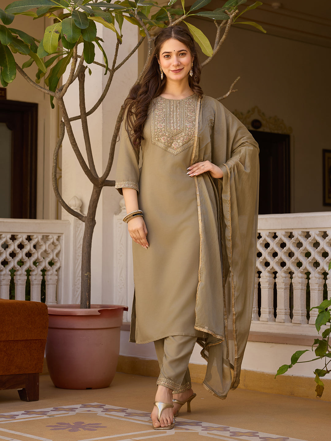 Beige Color Rayon Designer Kurti Pant Set