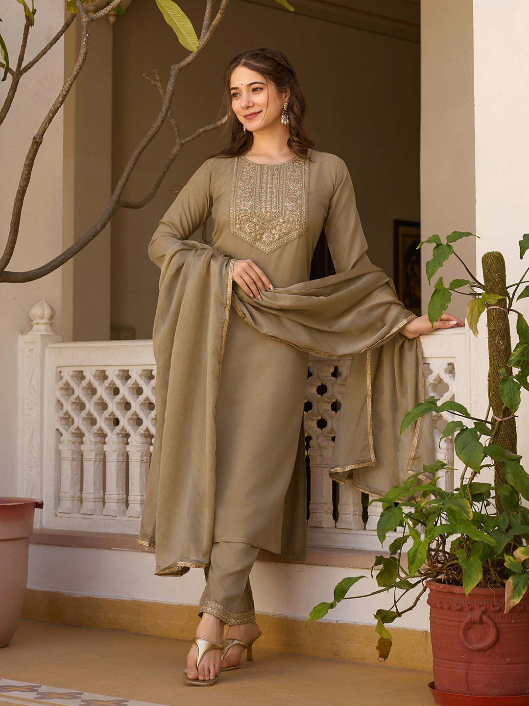 Beige Color Rayon Designer Kurti Pant Set