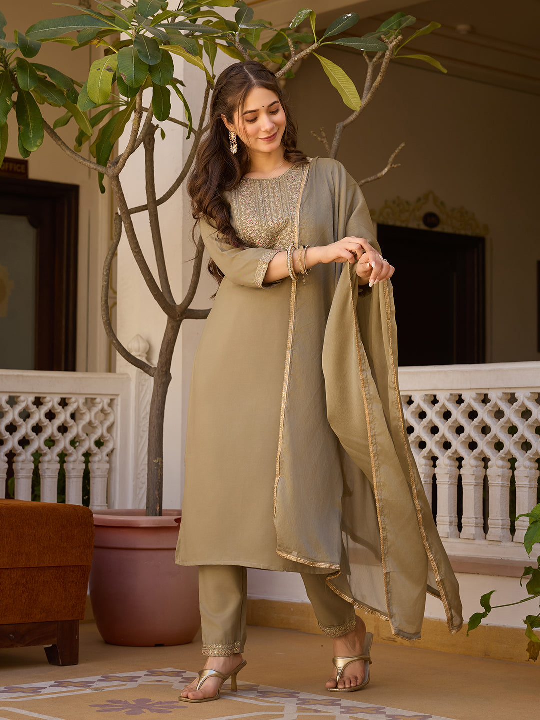 Beige Color Rayon Designer Kurti Pant Set