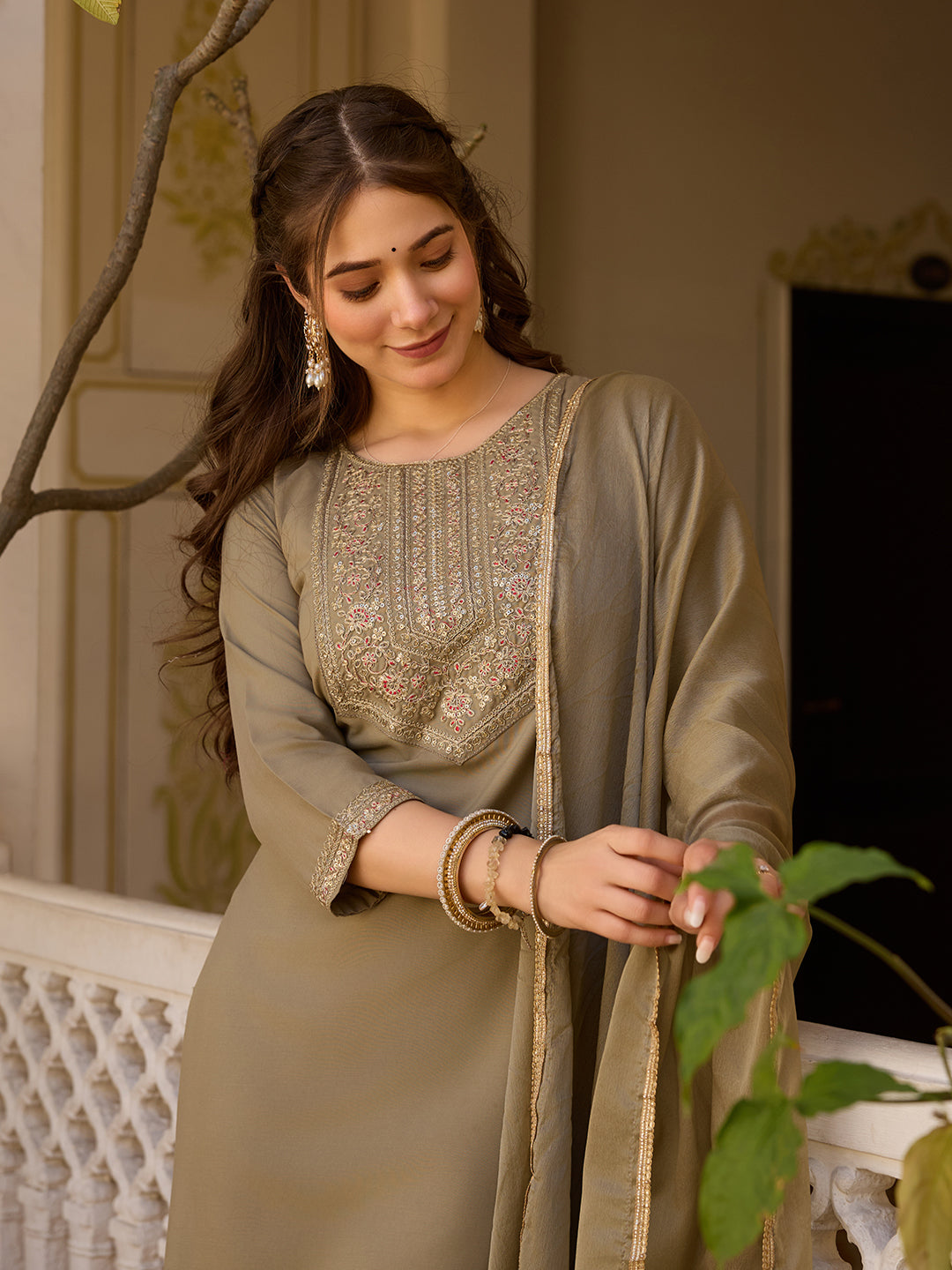 Beige Color Rayon Designer Kurti Pant Set