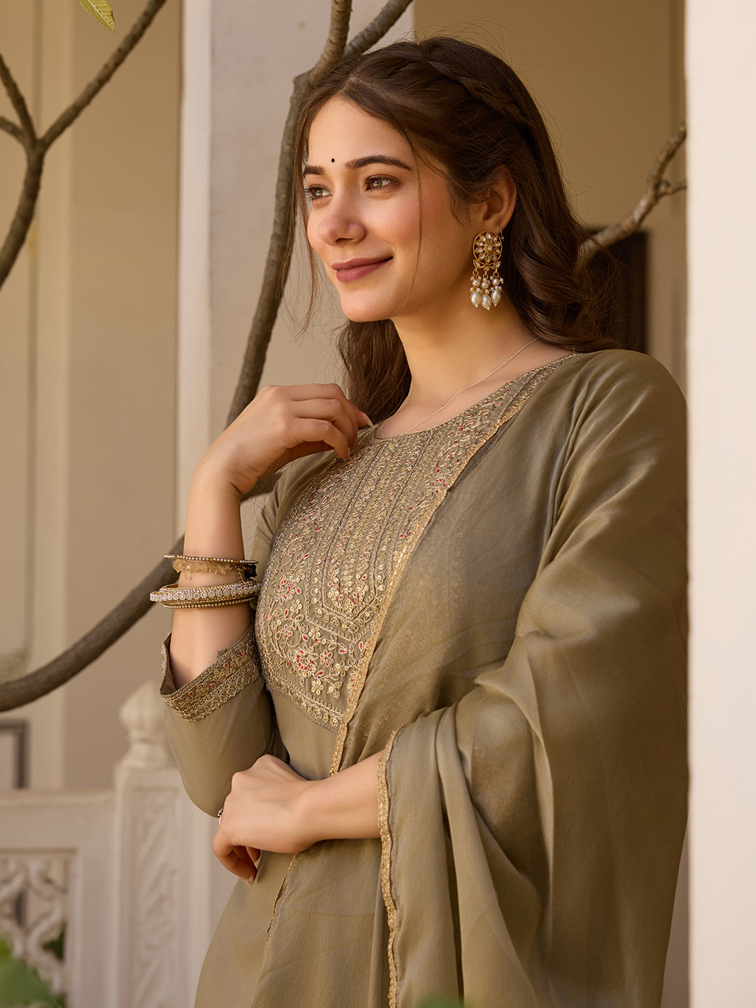 Beige Color Rayon Designer Kurti Pant Set