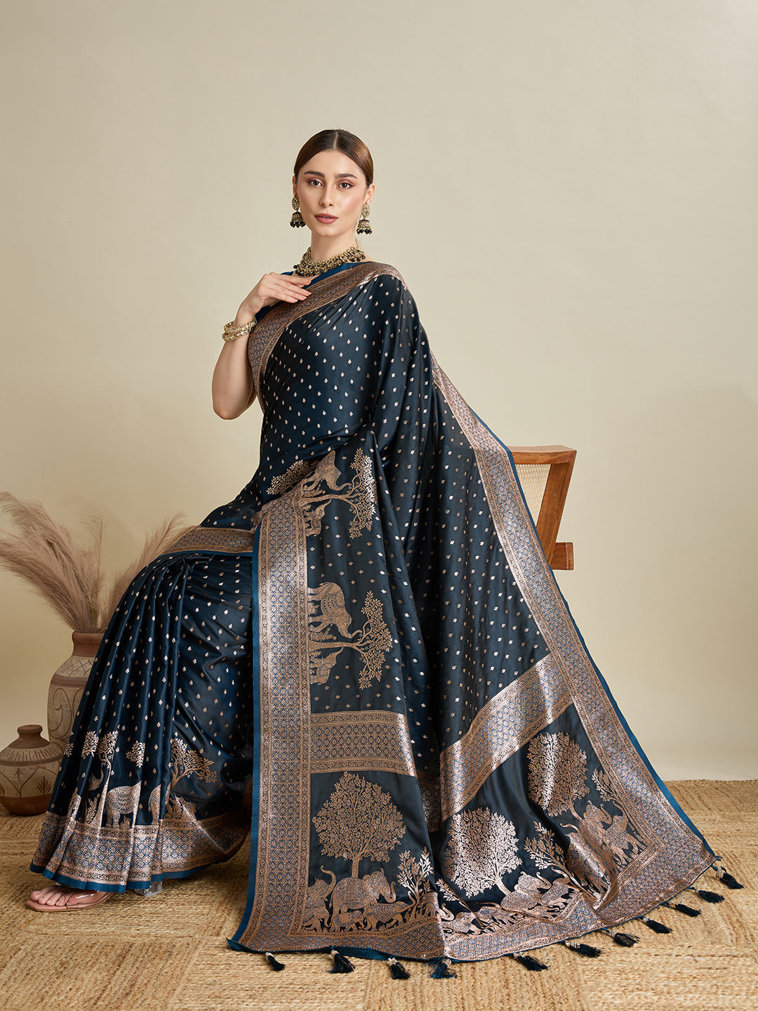 Navy Blue Color Soft Silk Zari Weaving Saree for Wedding And Party