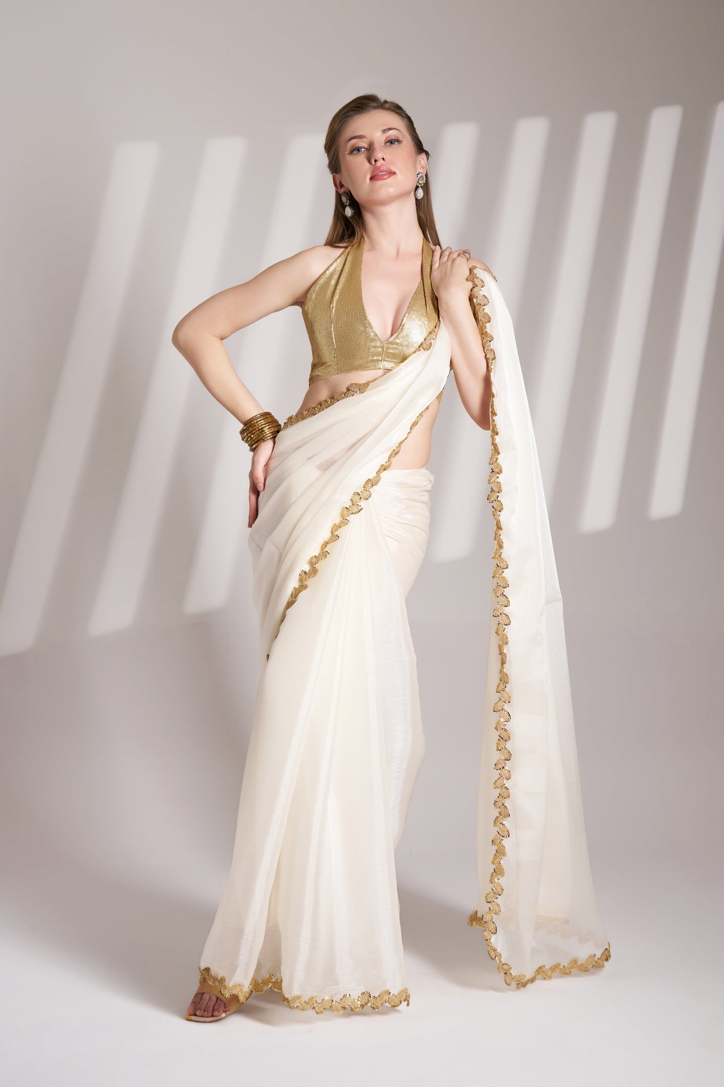 Elegant Off White Burberry Organza Saree with Designer Lace – Party Wear