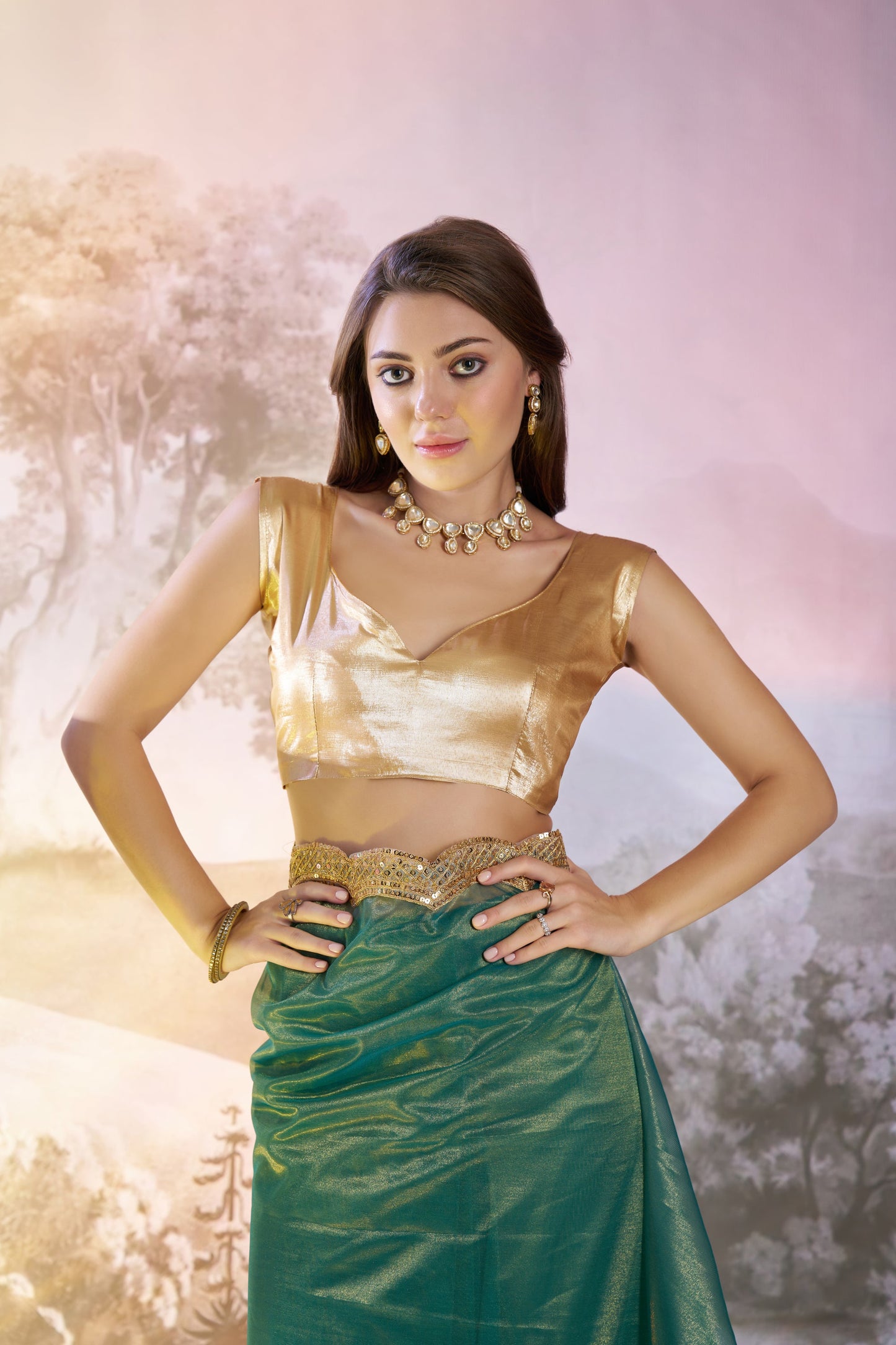 Sea green Color twill net saree with designer lace and unstitched blouse