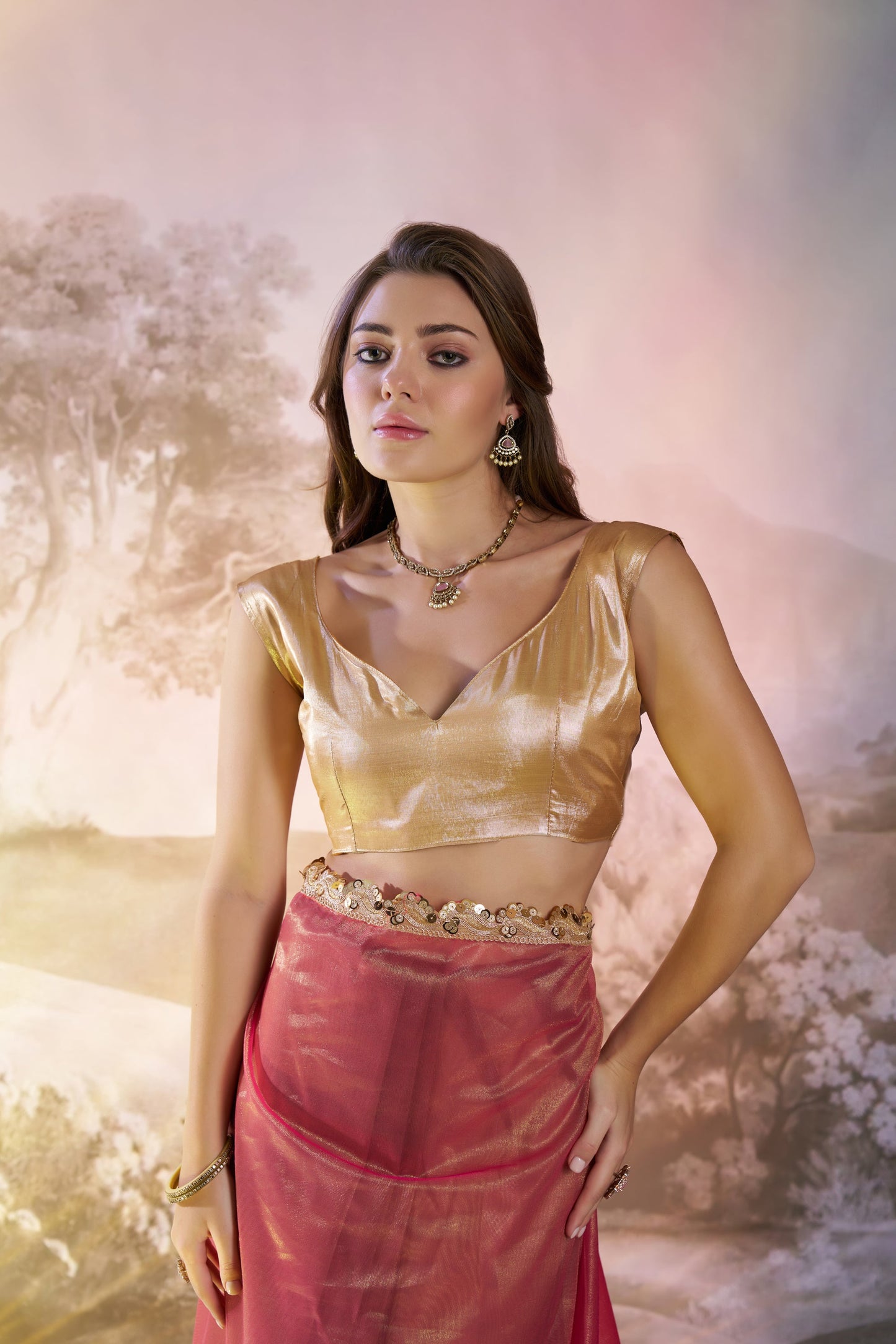Pink Color twill net saree with designer lace and unstitched blouse