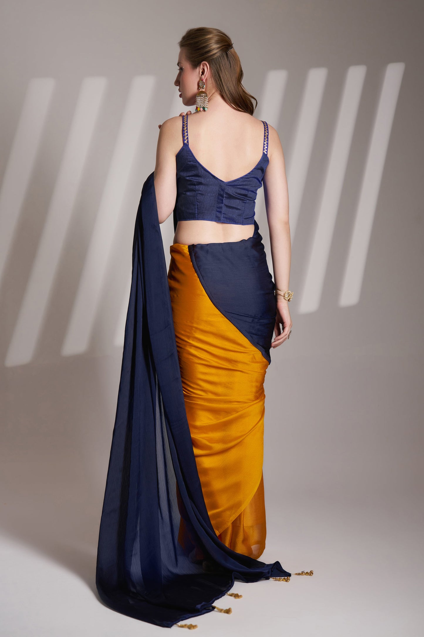 Blue and Mustard Satin Rangoli Saree with Fancy Lace – Party & Festive Wear