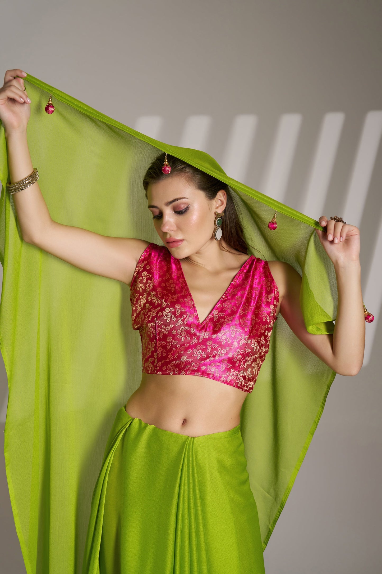 Green Chiffon Saree with Designer Lace and Unstitched Blouse – Party & Festive Wear