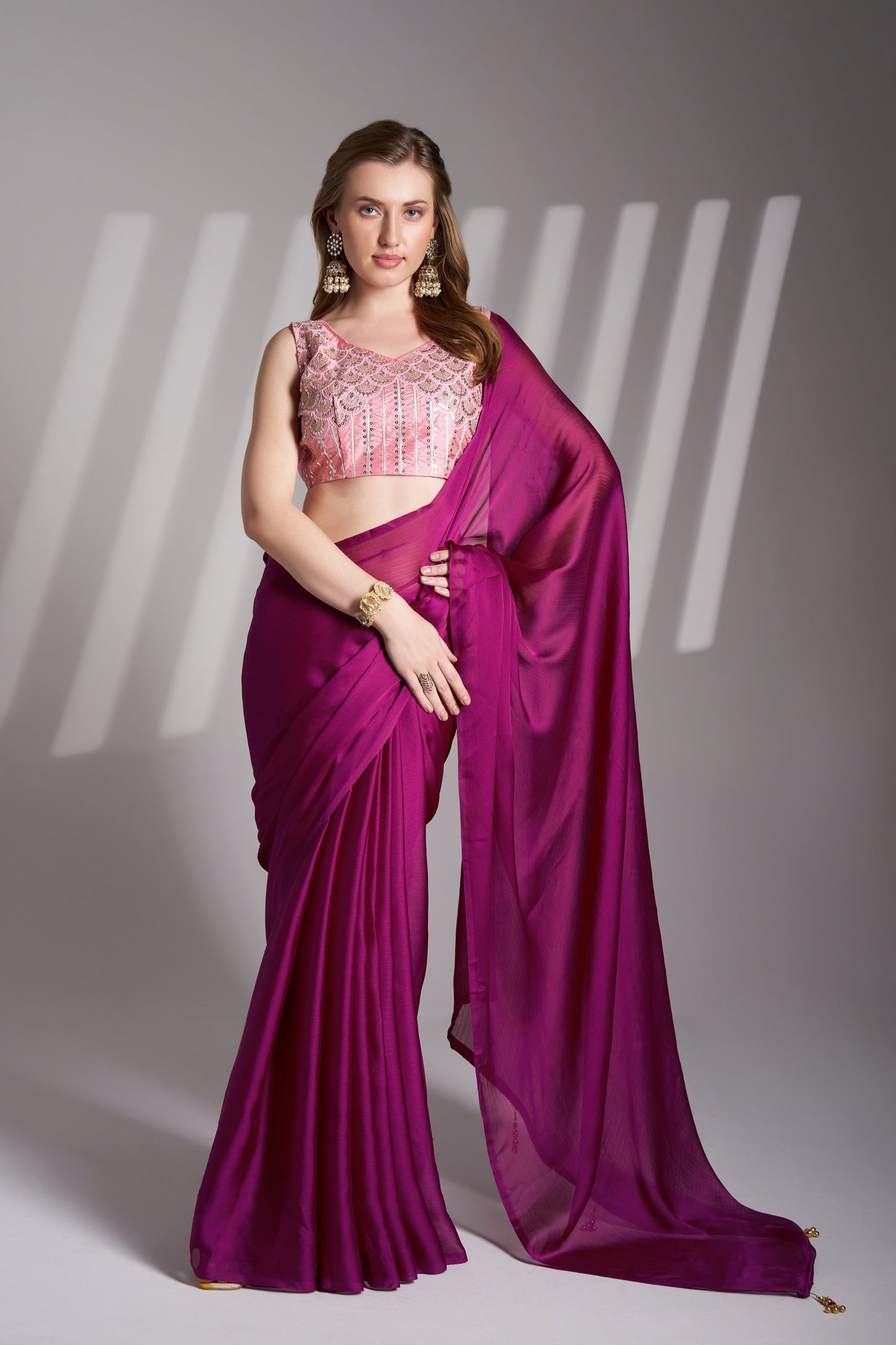 Magenta Chiffon Party Wear Saree with Fancy Tassels