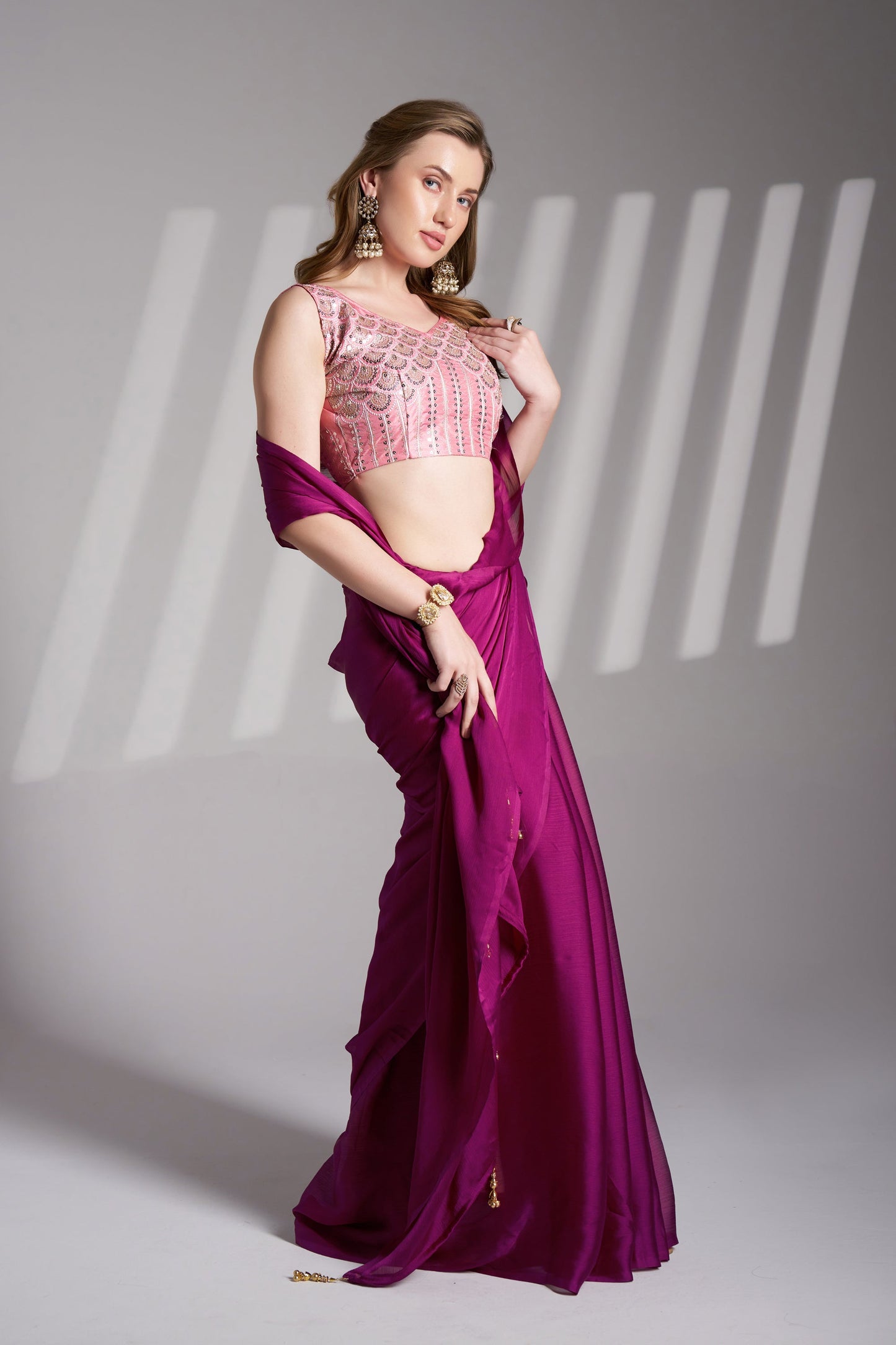 Magenta Chiffon Party Wear Saree with Fancy Tassels