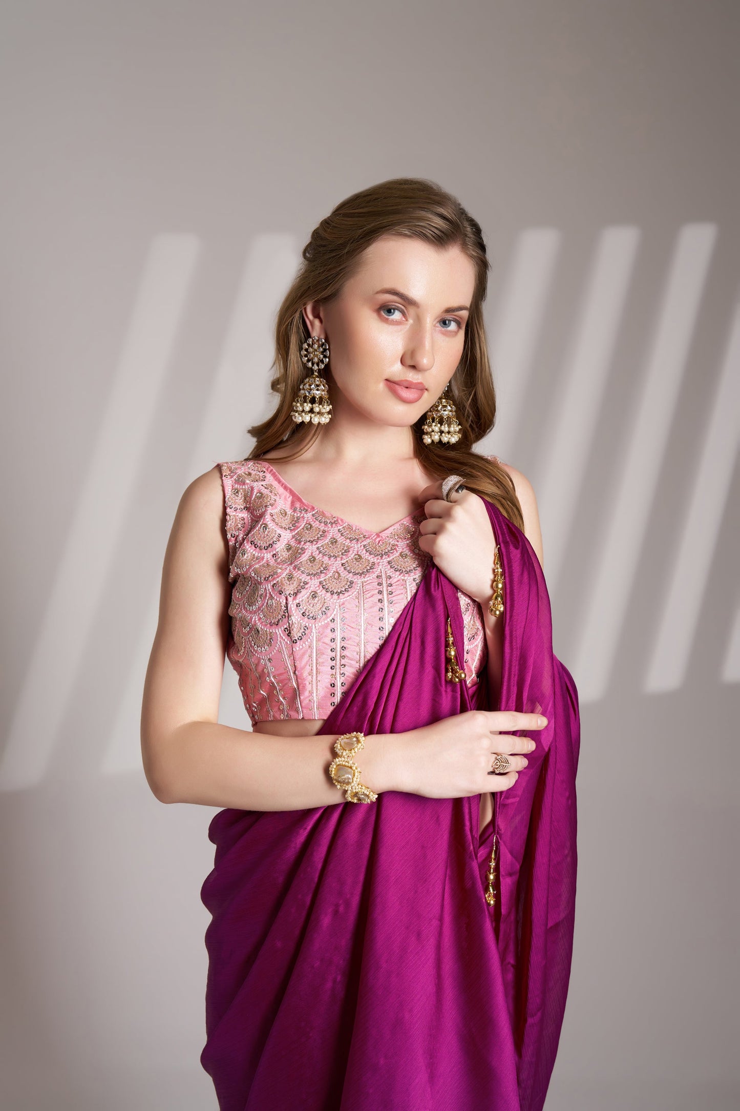 Magenta Chiffon Party Wear Saree with Fancy Tassels