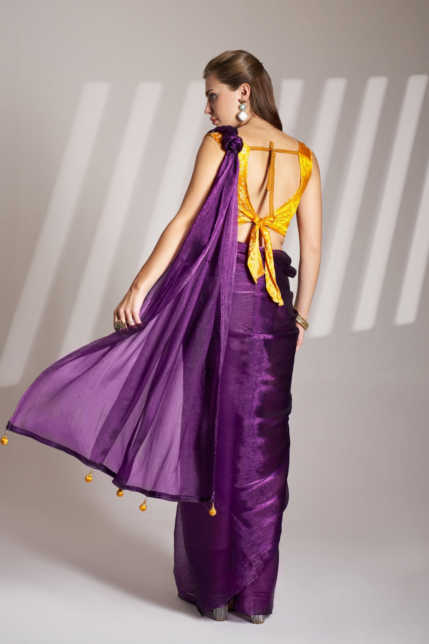 Purple Burberry Organza Saree with Tassels – Party Wear Saree