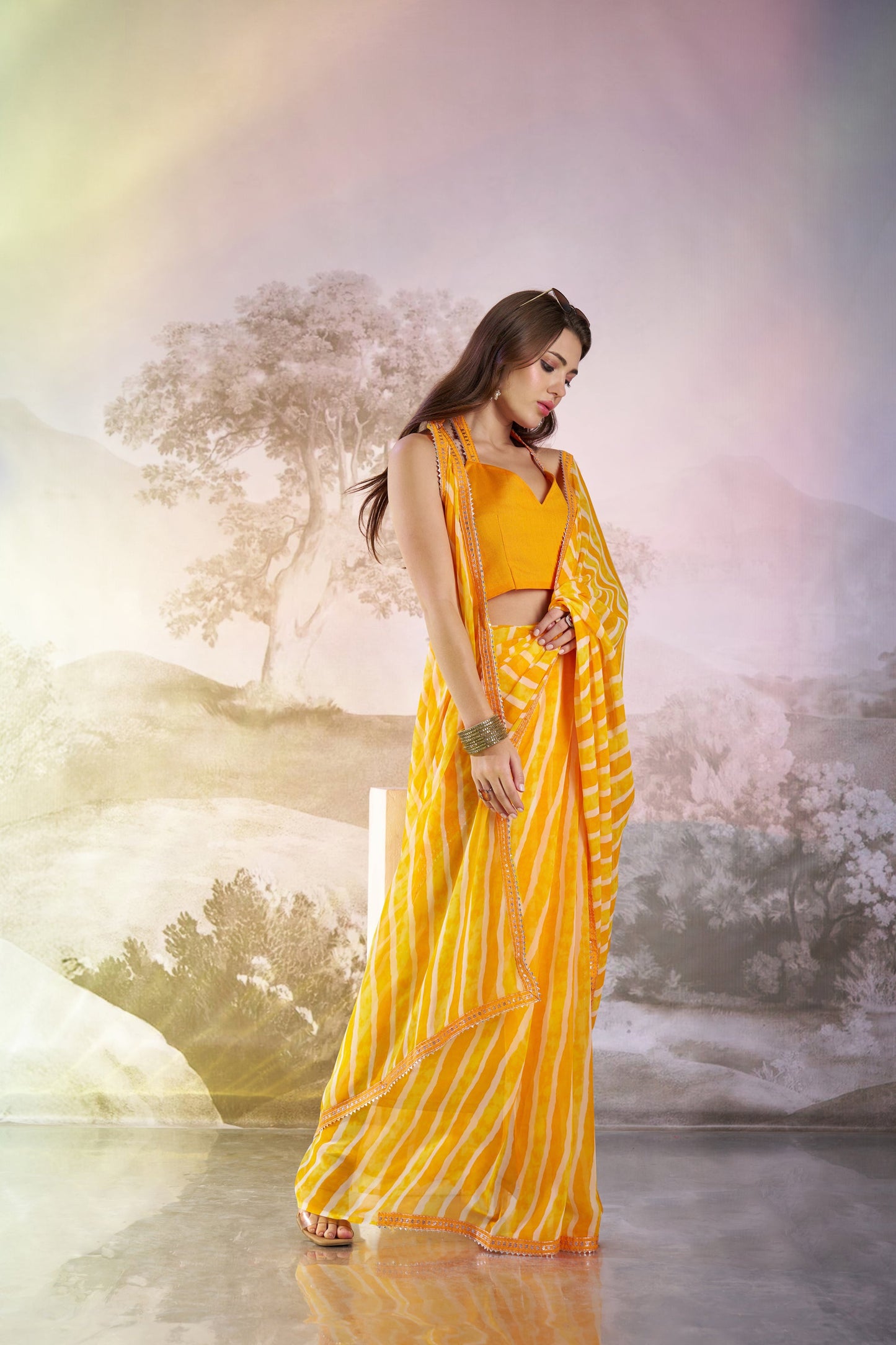 Yellow Georgette Printed Party Wear Saree with Fancy Lace