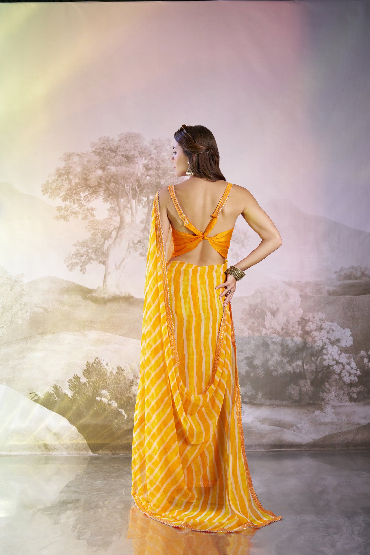 Yellow Georgette Printed Party Wear Saree with Fancy Lace