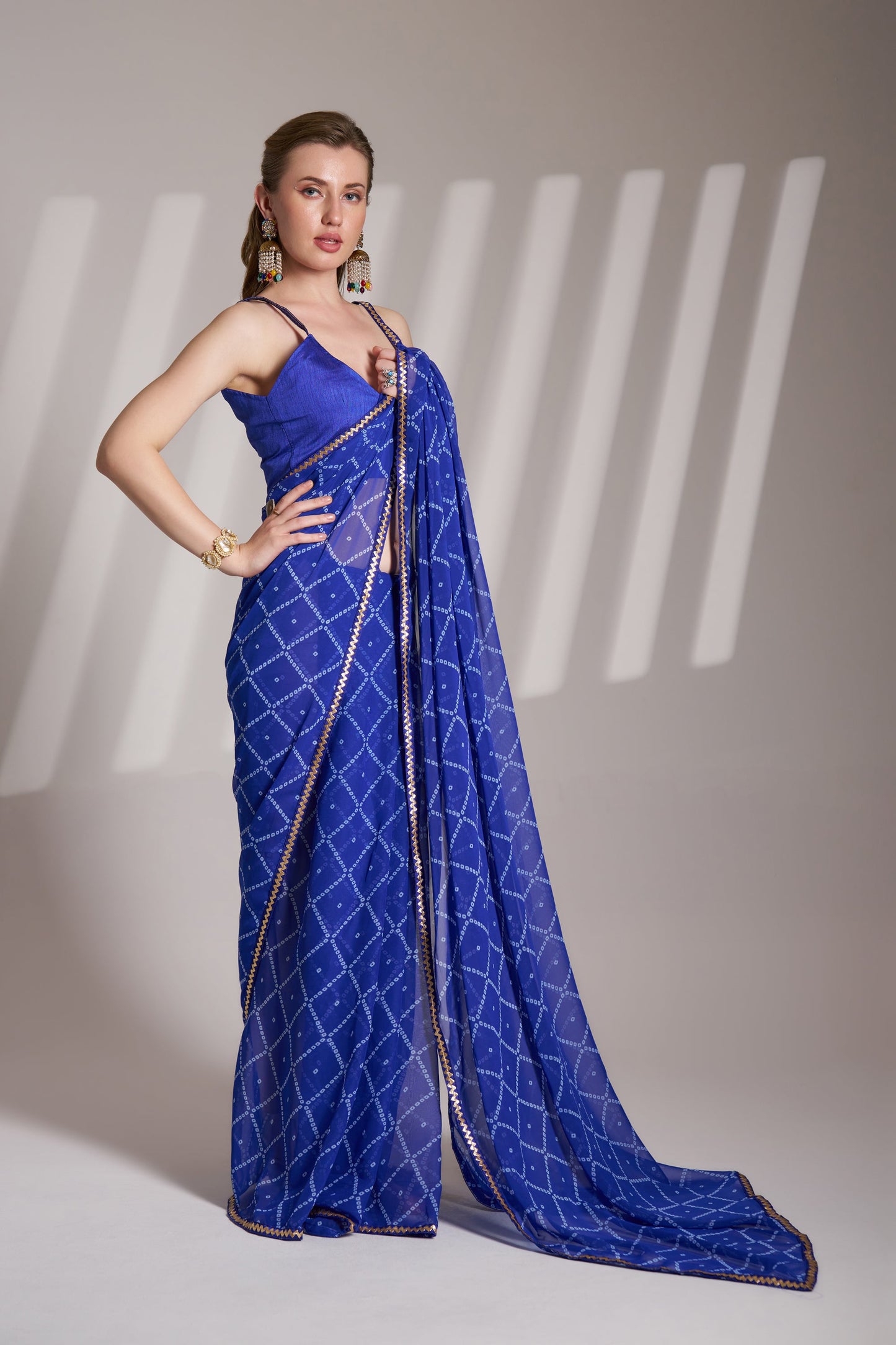 Blue Georgette Printed Party Wear Saree with Fancy Lace