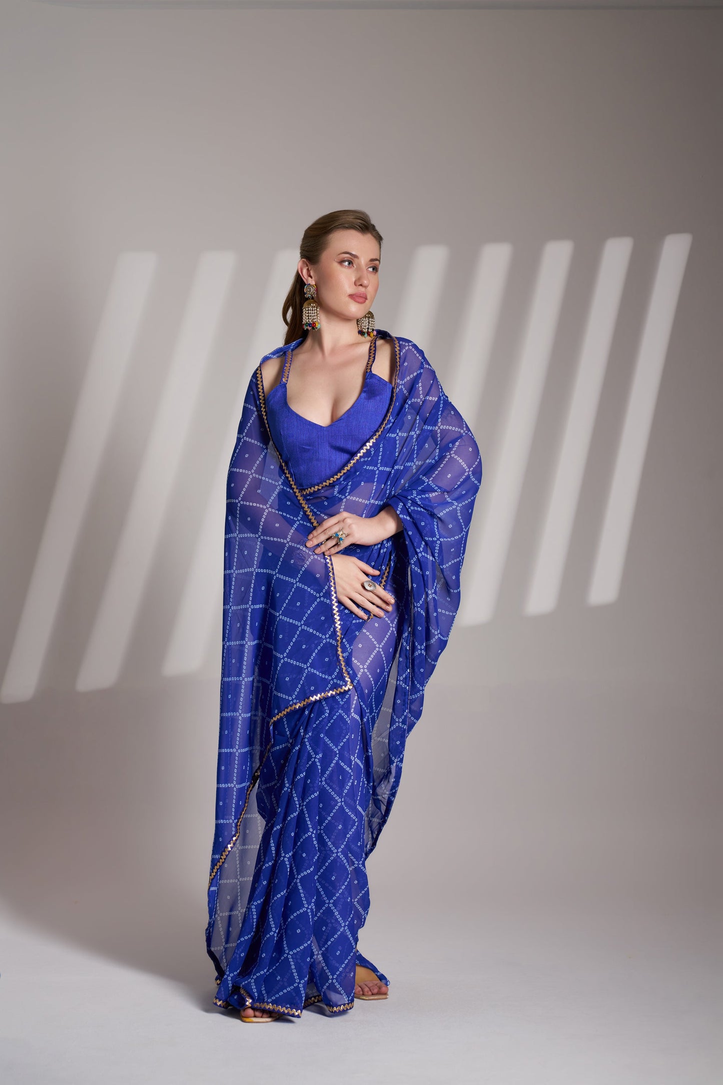 Blue Georgette Printed Party Wear Saree with Fancy Lace