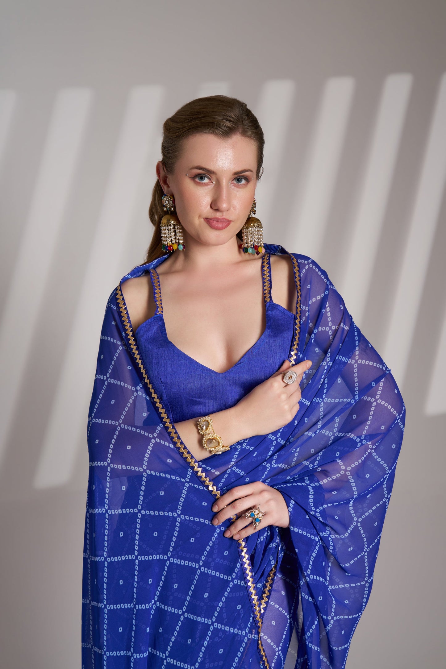 Blue Georgette Printed Party Wear Saree with Fancy Lace