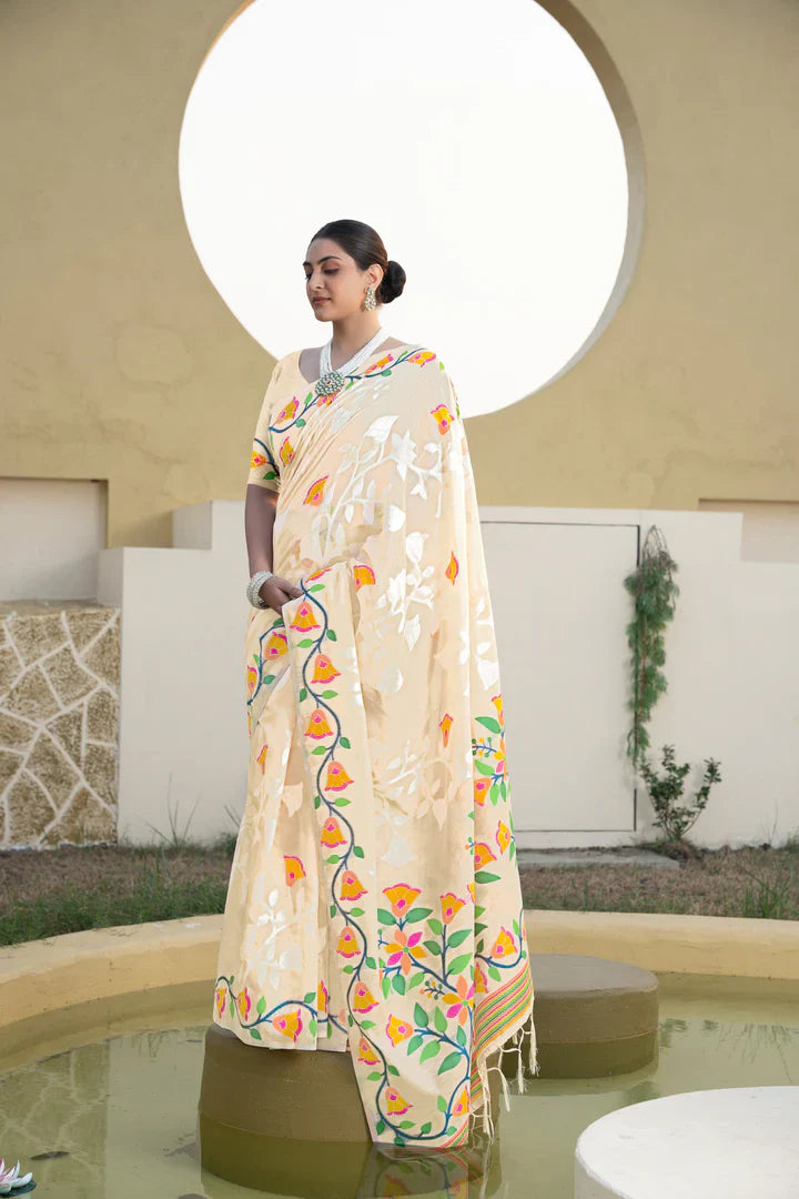 Off-White Cotton Jamdani Kolkata Weaving Saree