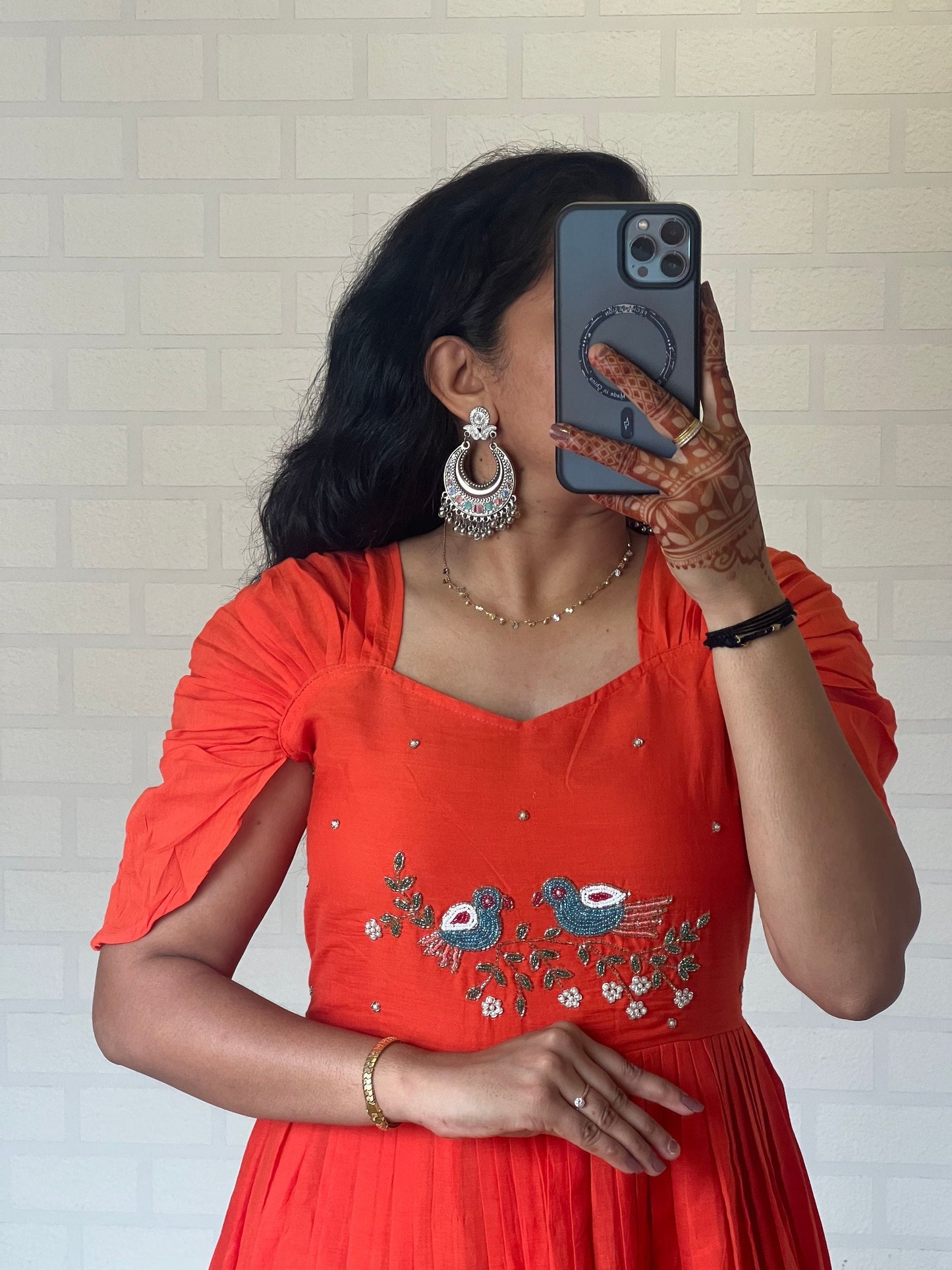 New Orange Color Pure Mul Cotton Hand Maggam work Kurti