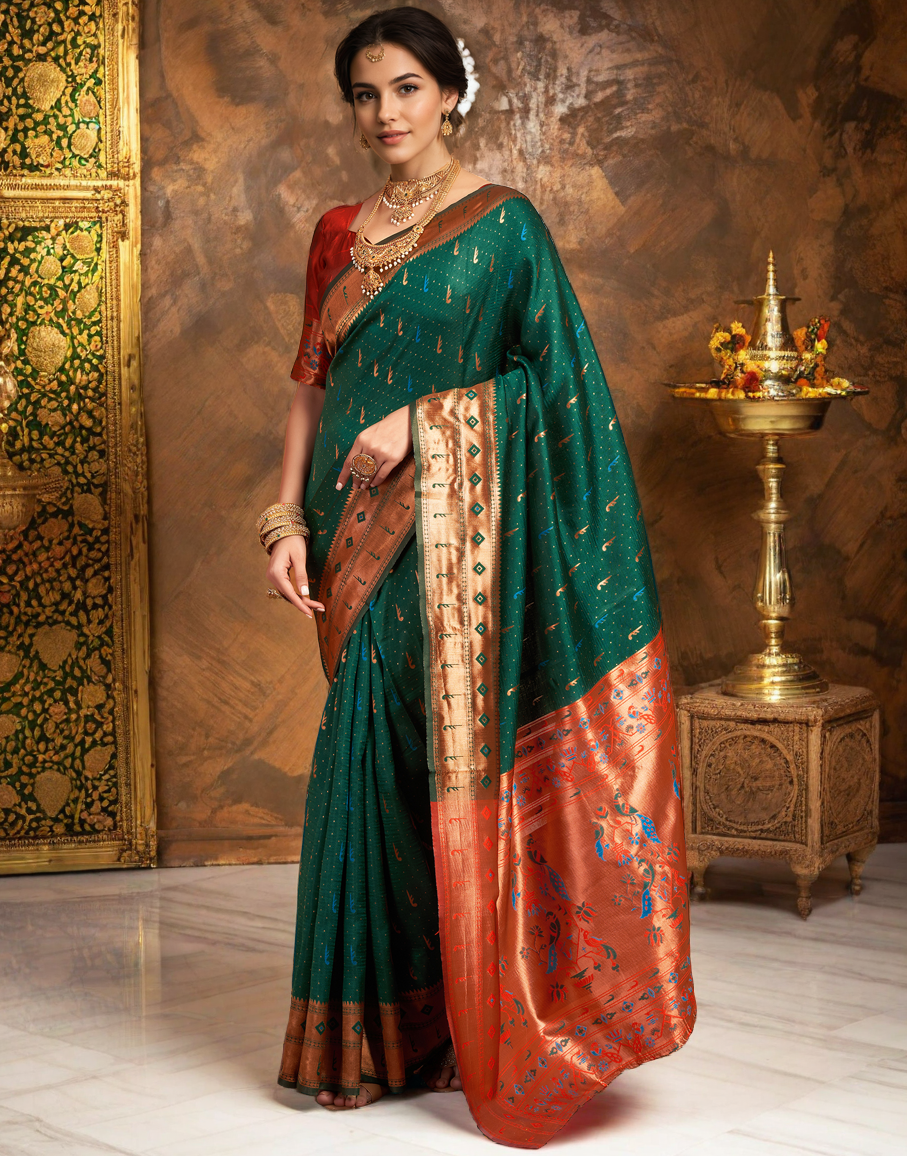 Amazing Green Color Silk Woven Weaving Work Paithani Saree