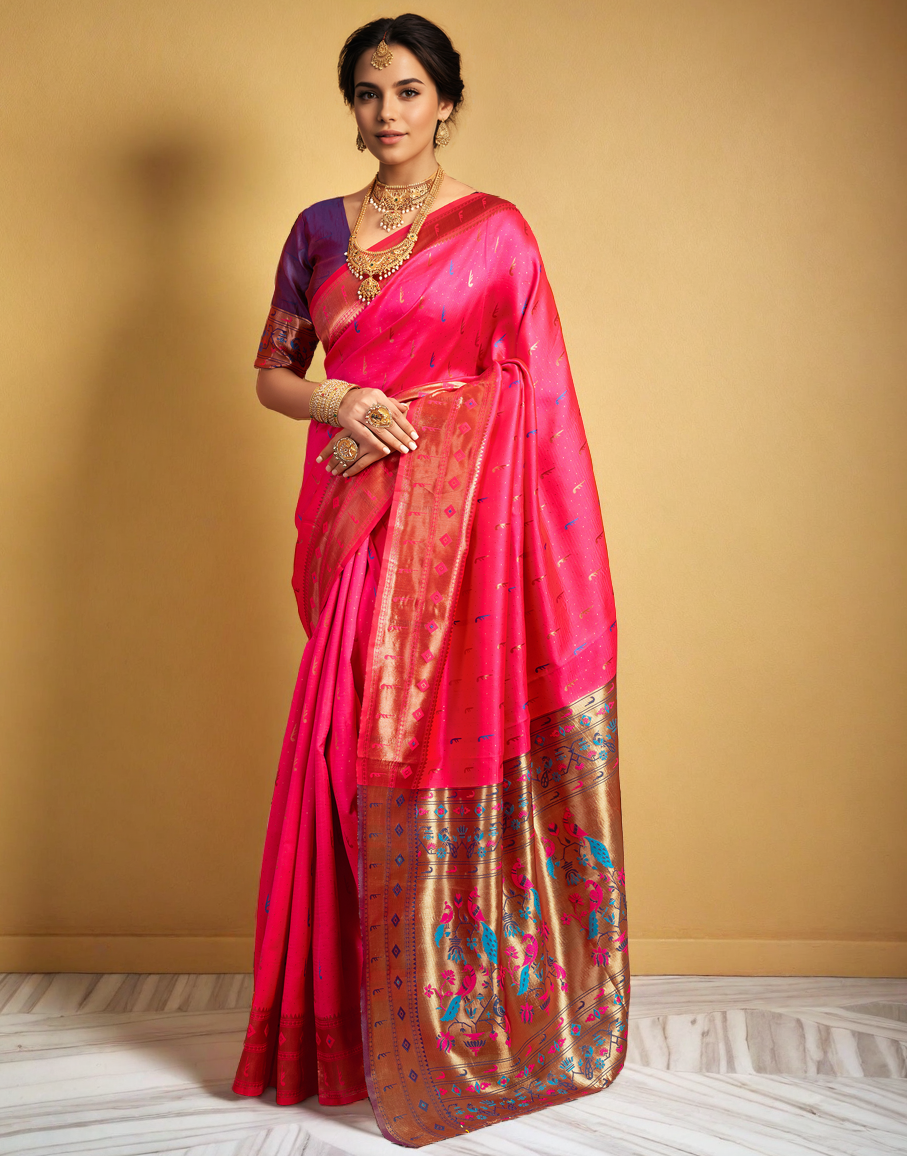 Amazing Pink Color Silk Woven Weaving Work Paithani Saree