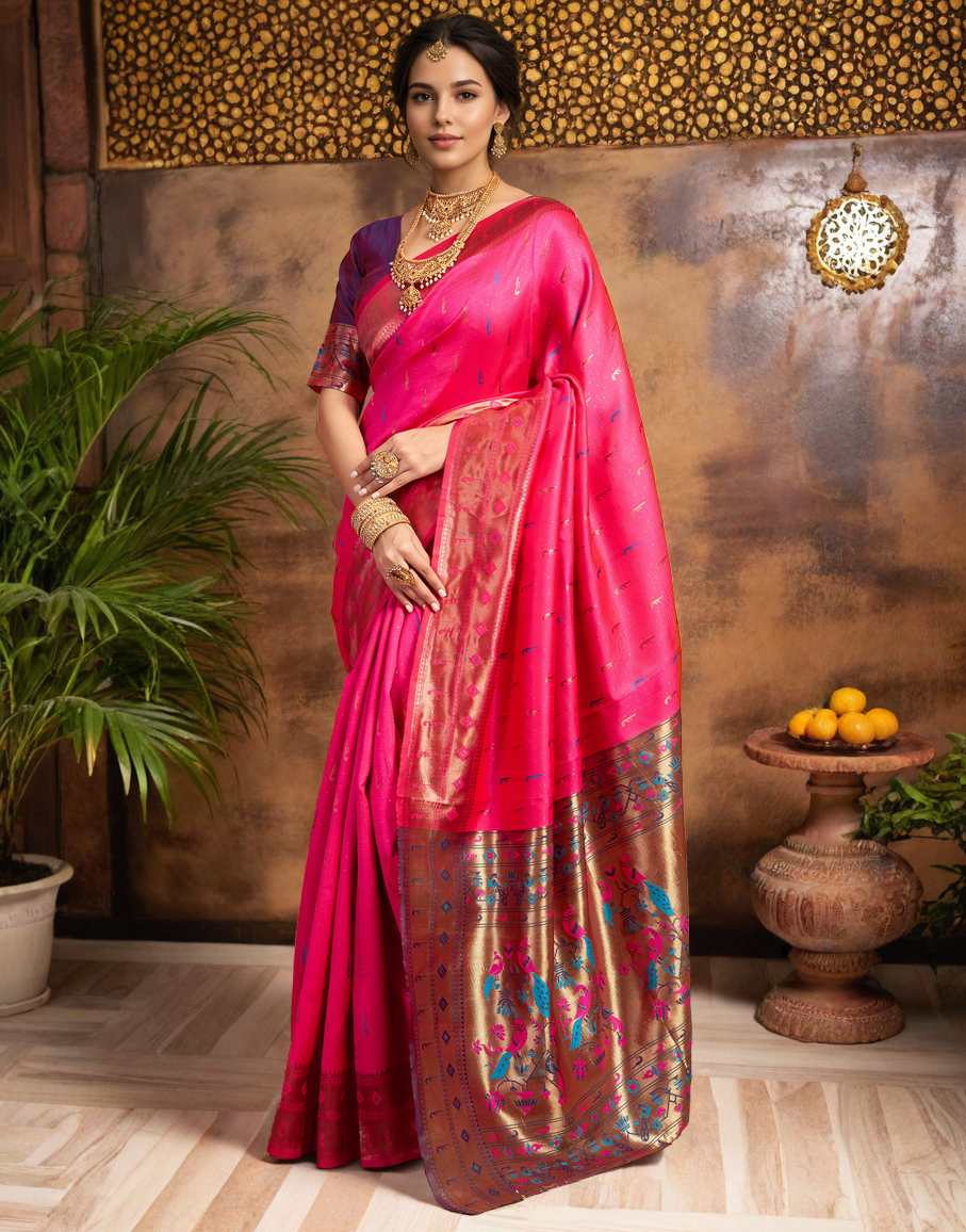 Amazing Pink Color Silk Woven Weaving Work Paithani Saree