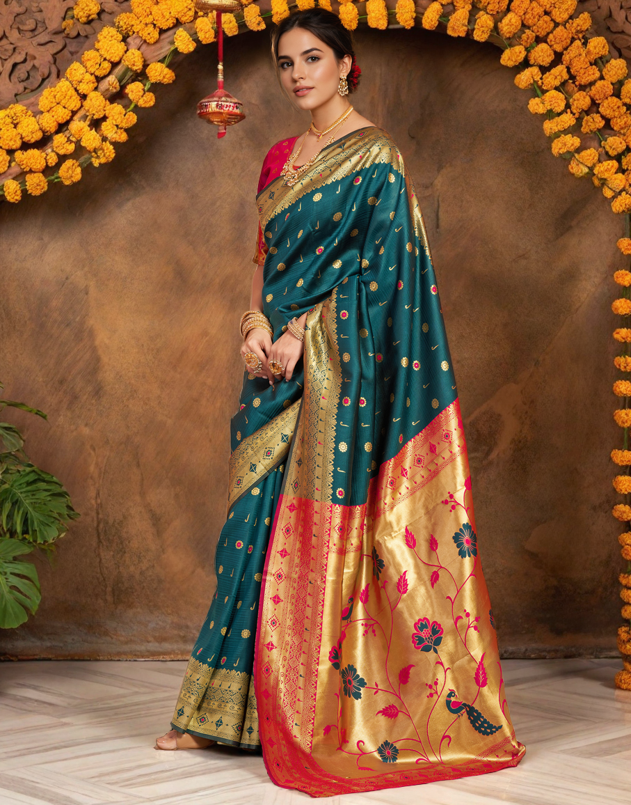 Teal Color Silk Weaving Work Paithani Traditional Saree
