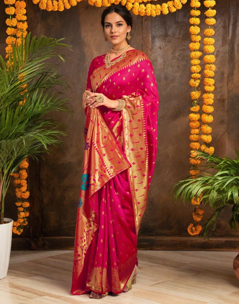 Silk Paithani Traditional Saree with Intricate Weaving Work (Pink)