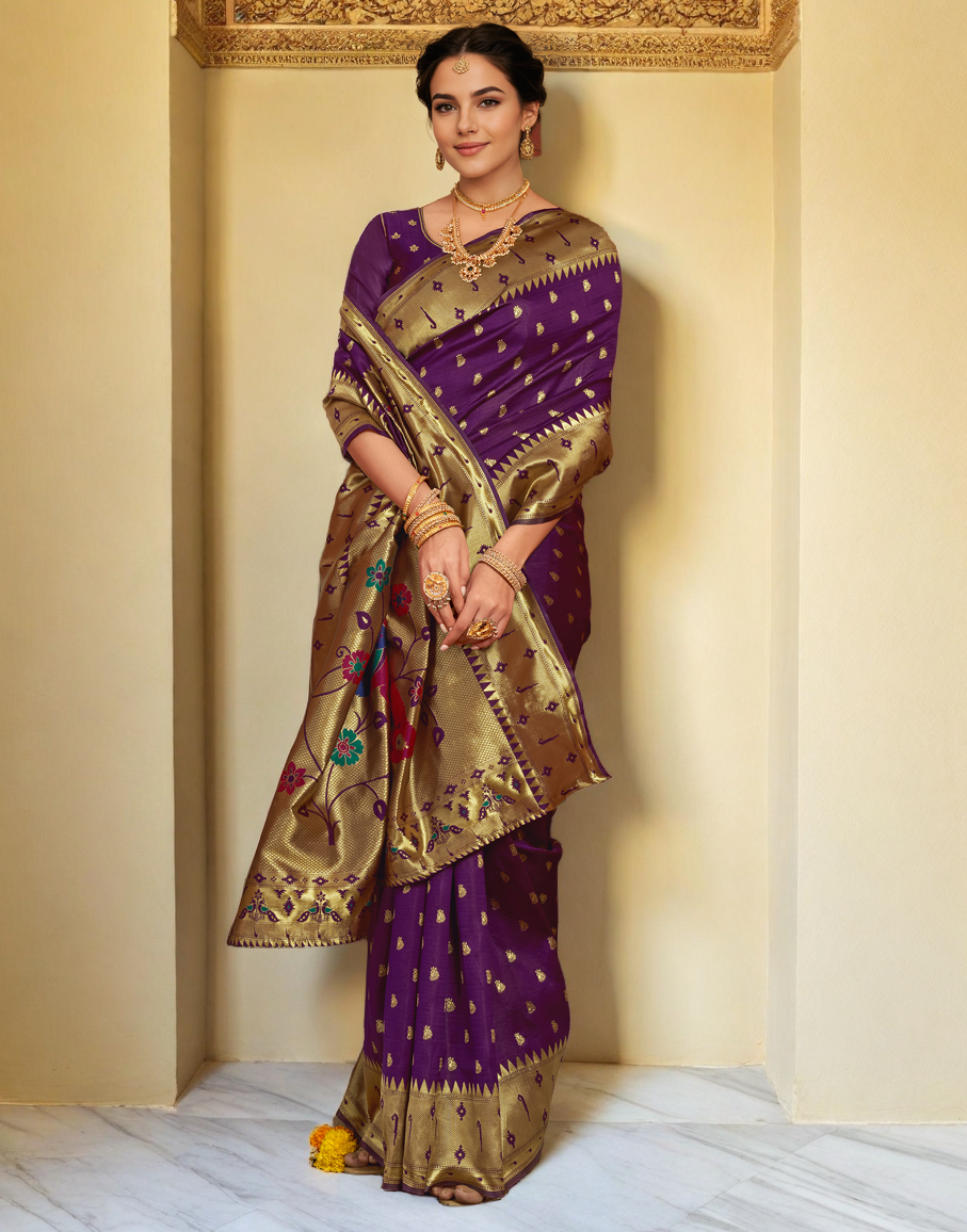 Silk Paithani Traditional Saree with Intricate Weaving Work (Purple)