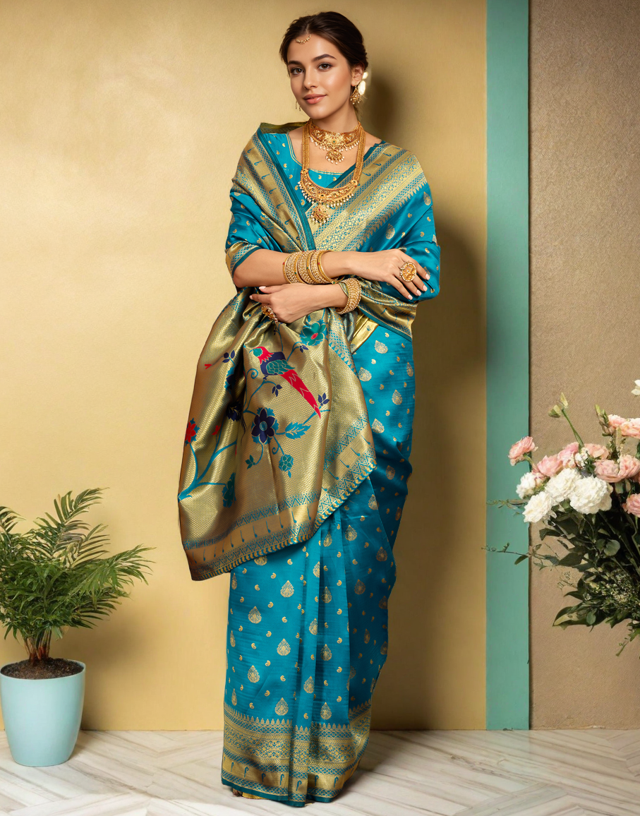 Turquoise Color Silk Weaving Paithani Work Designer Saree