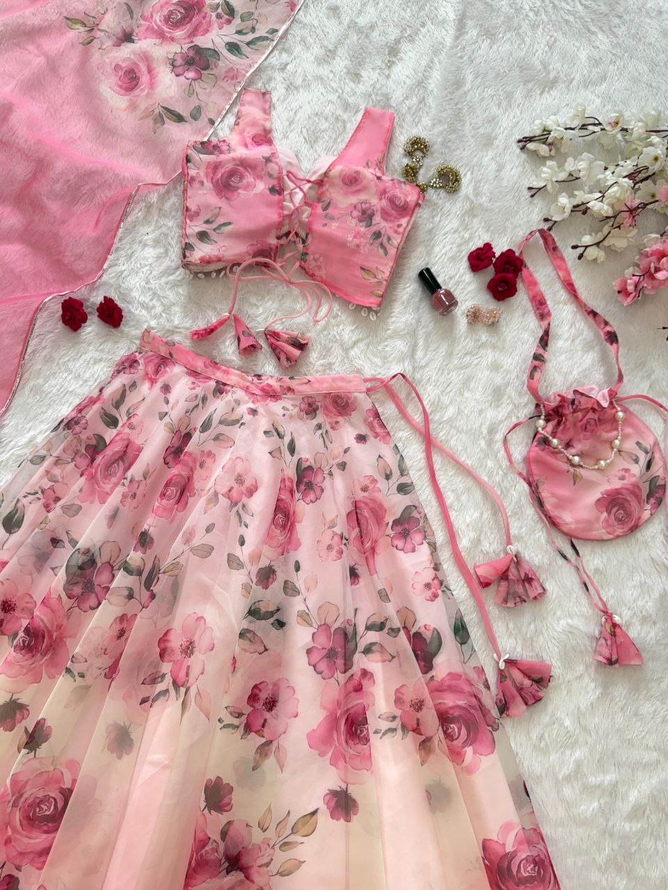 Party Wear Lehenga Choli – Pink Pure Organza | Anarkalion