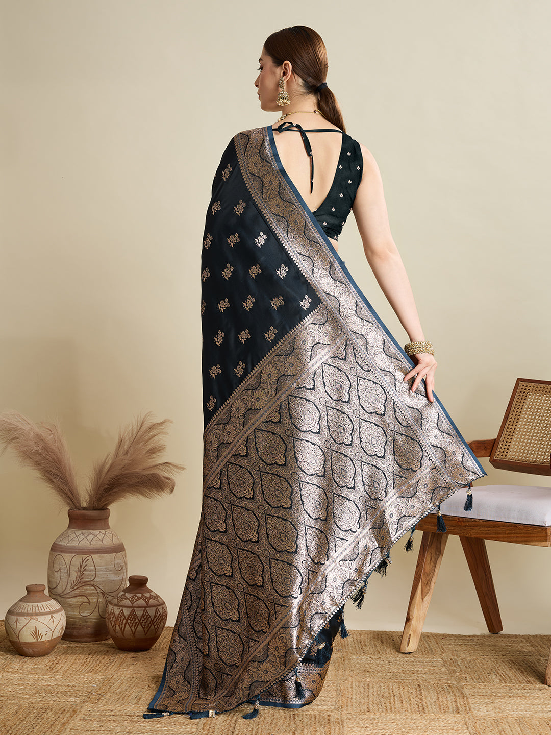 Designer Silk Saree with Rich Zari Weaving & Tassel Pallu (Black)