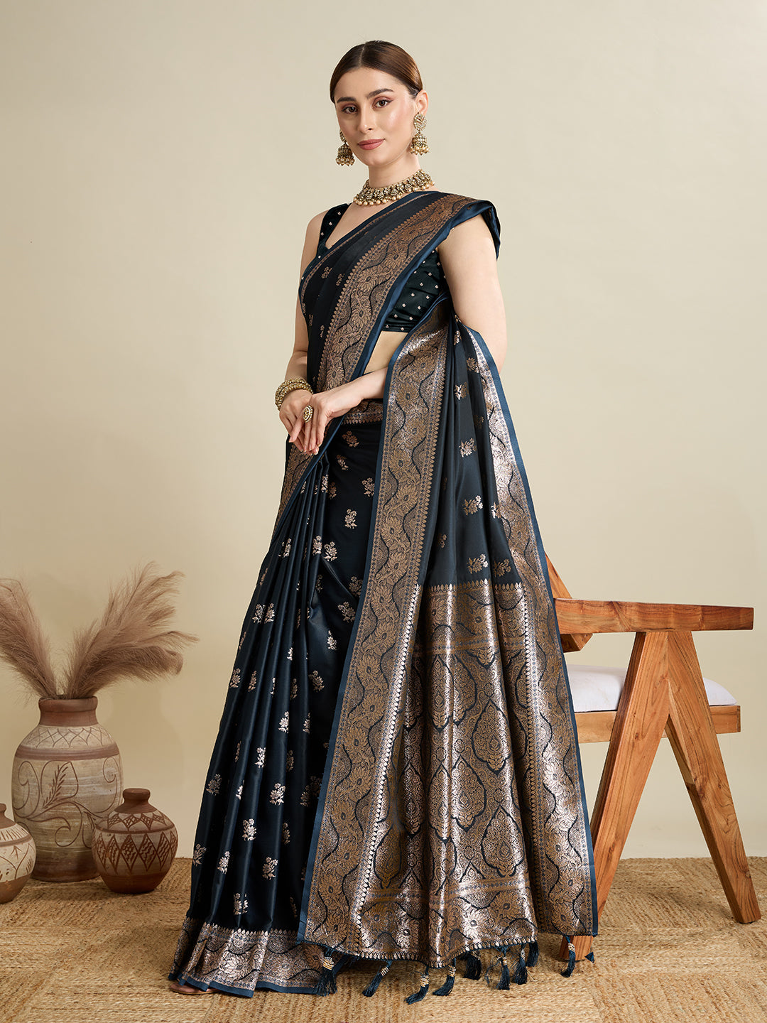 Designer Silk Saree with Rich Zari Weaving & Tassel Pallu (Black)