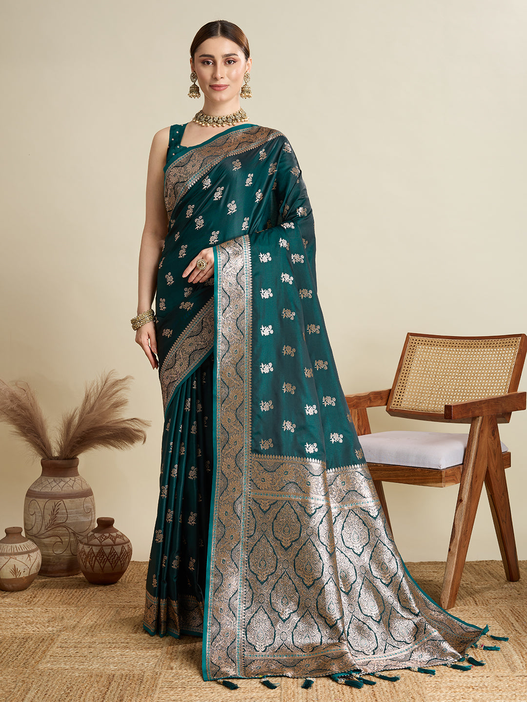 Designer Silk Saree with Rich Zari Weaving & Tassel Pallu (Rama)