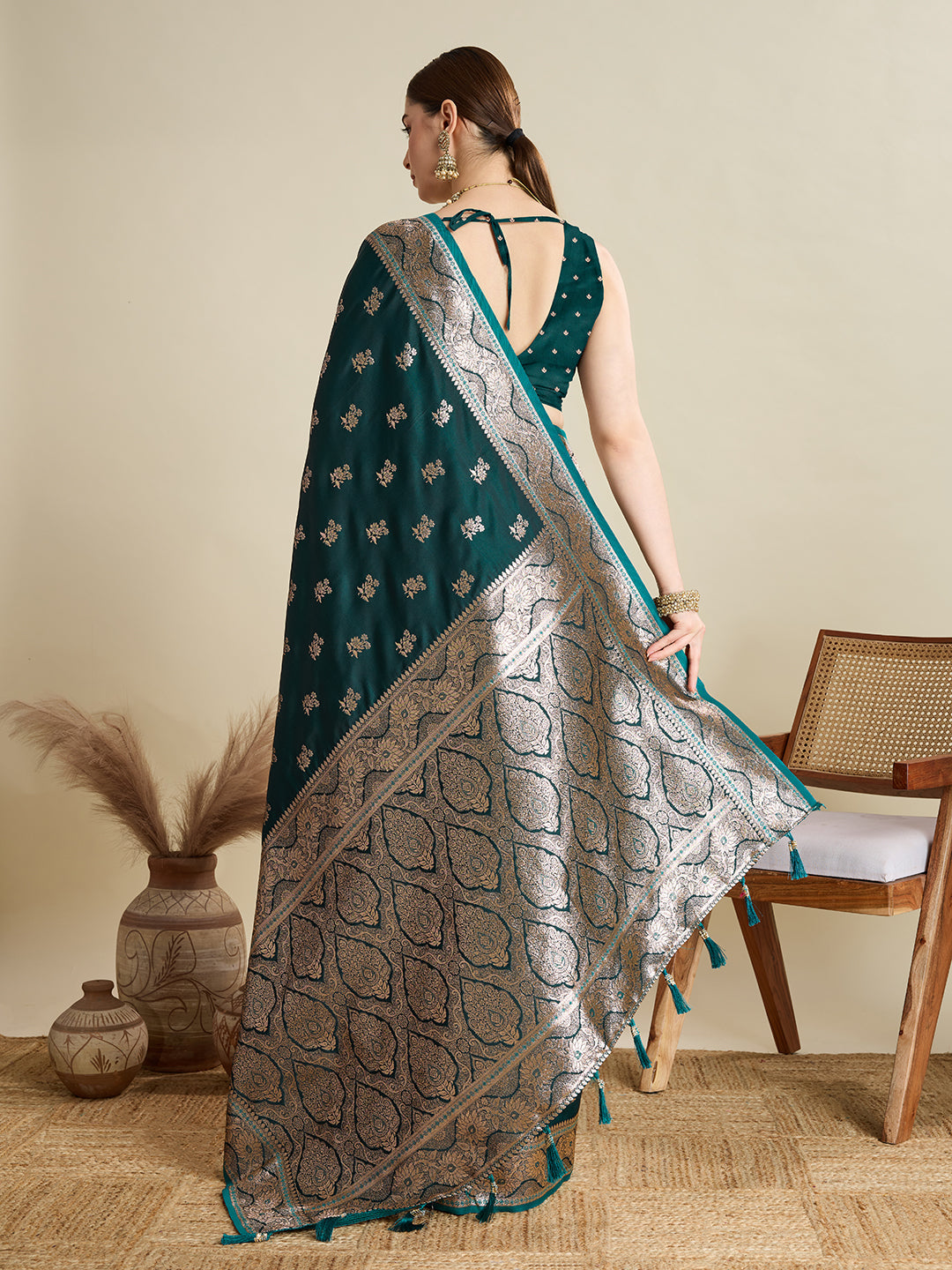 Designer Silk Saree with Rich Zari Weaving & Tassel Pallu (Rama)