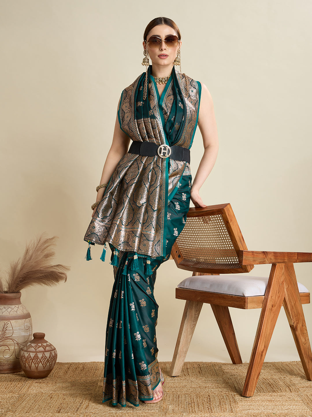 Designer Silk Saree with Rich Zari Weaving & Tassel Pallu (Rama)