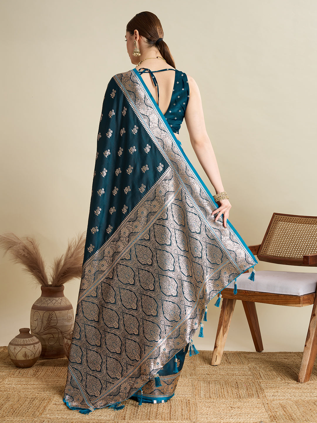 Designer Silk Saree with Rich Zari Weaving & Tassel Pallu (Teal)