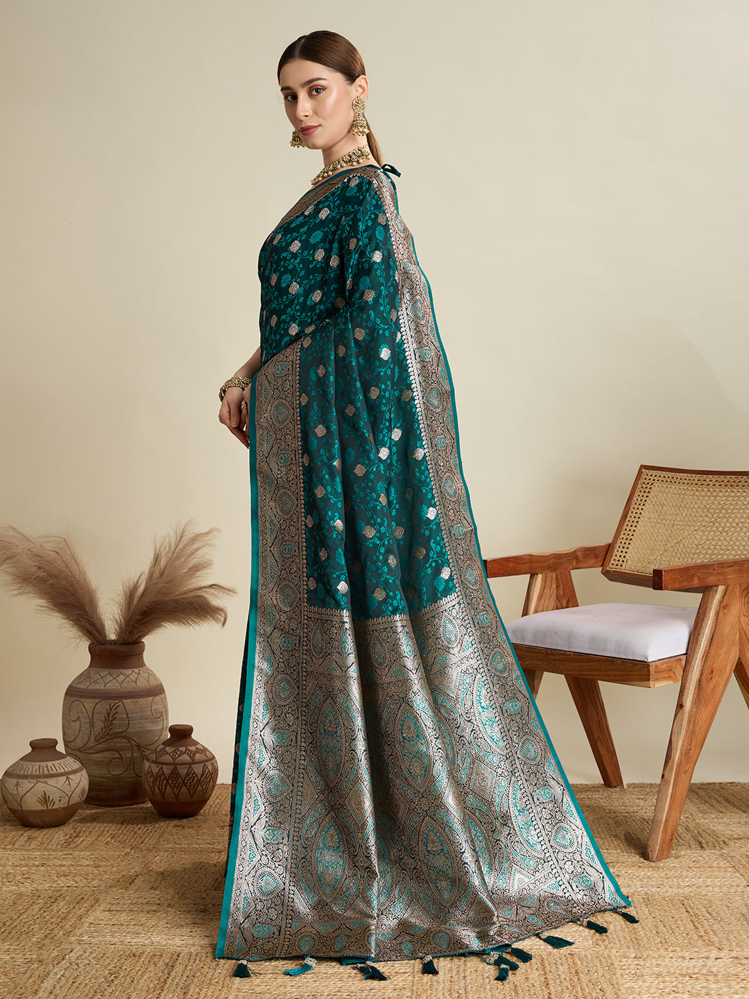 Rama Color Soft Silk Zari Weaving Saree with Designer Blouse