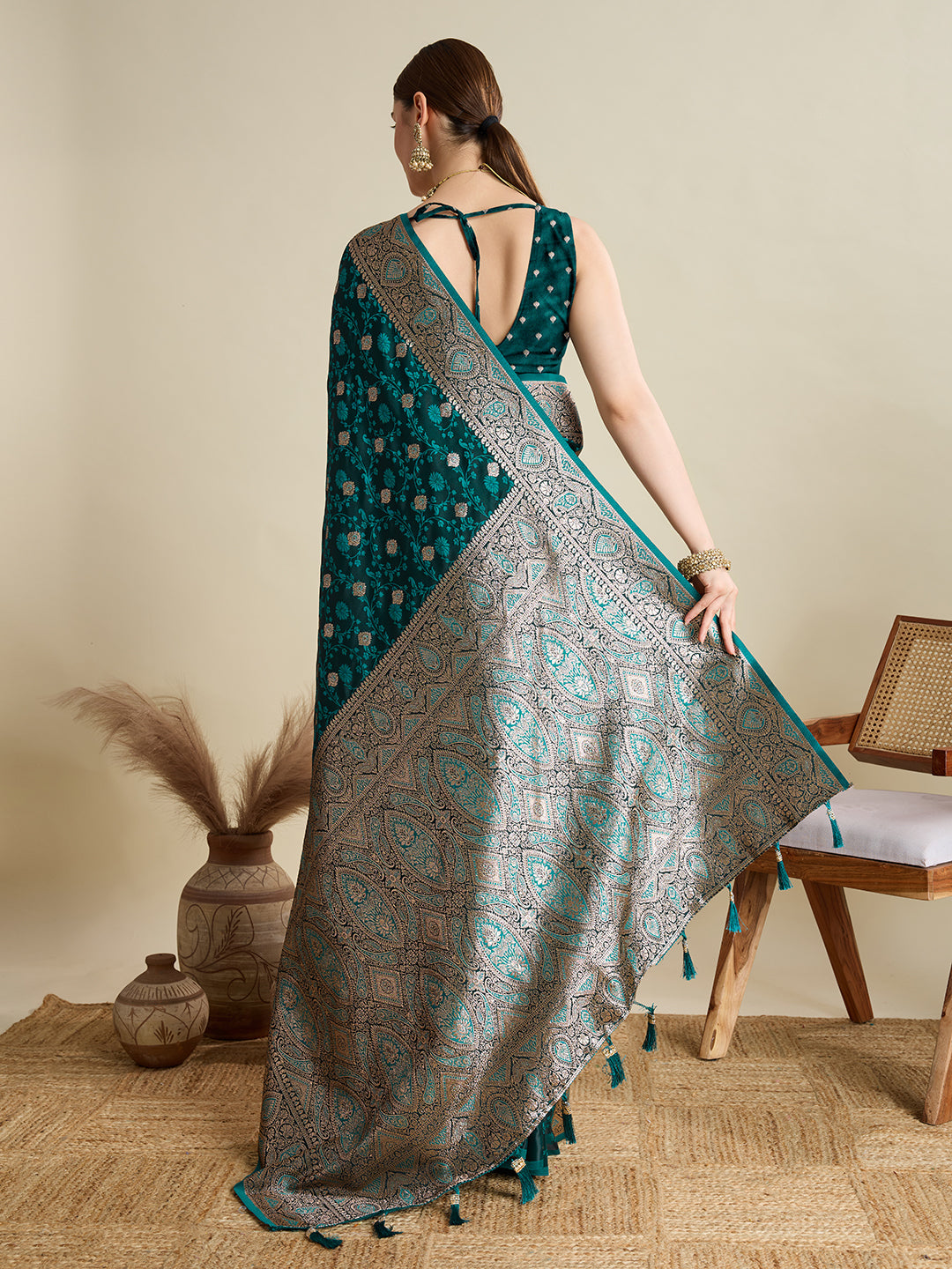 Rama Color Soft Silk Zari Weaving Saree with Designer Blouse