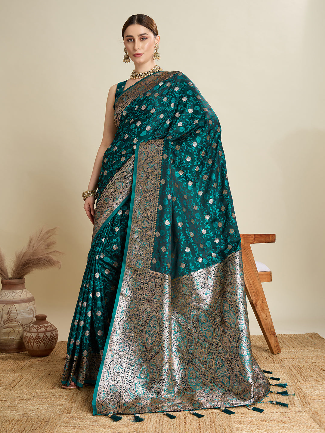 Rama Color Soft Silk Zari Weaving Saree with Designer Blouse