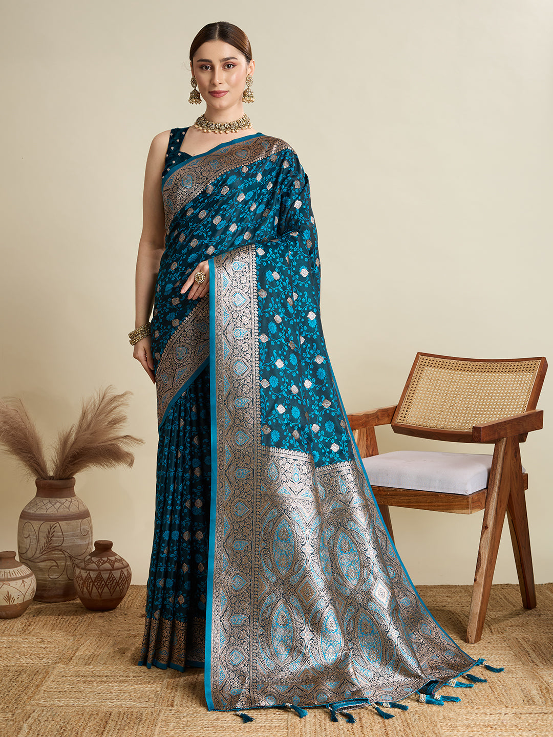 Tarquolse Color Soft Silk Zari Weaving Saree with Designer Blouse