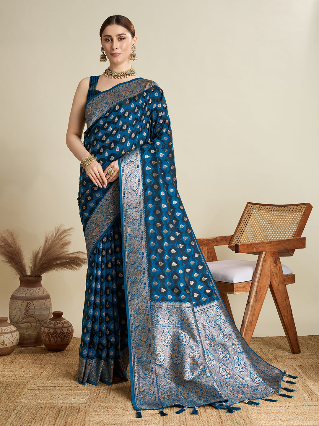 Blue Soft Silk Saree with Zari Weaving & Designer Blouse – Wedding & Party Wear