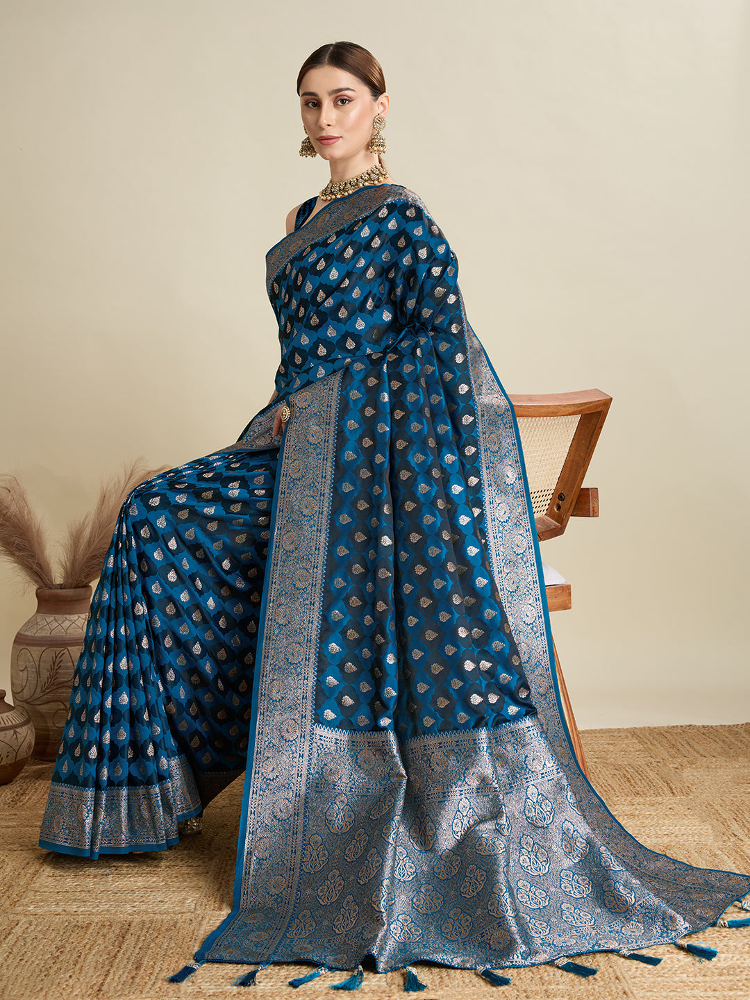Blue Soft Silk Saree with Zari Weaving & Designer Blouse – Wedding & Party Wear